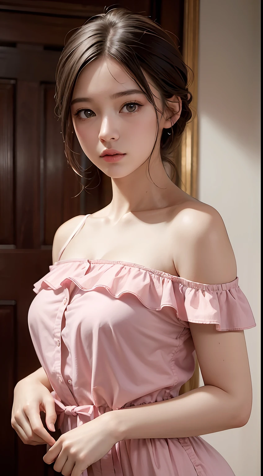Best Quality, Masterpiece, Ultra High Resolution, (Realisticity: 1.4), Original Photo, 1girl, Pink Off-the-Shoulder, Cinematic Lighting