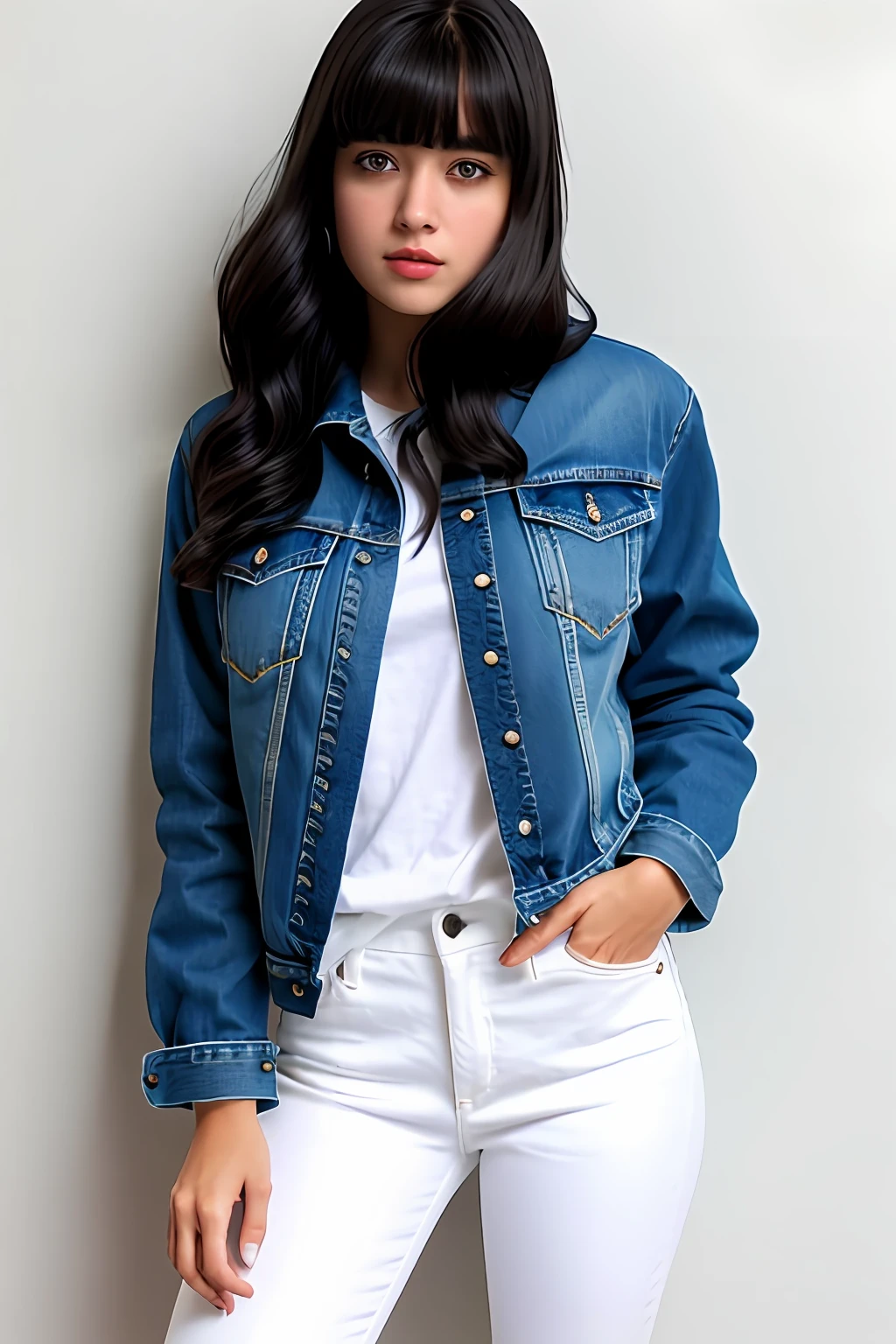 masterpiece, best quality, ((pure white background)), standing, dark hair ,cold face, full body, Denim jacket, white T-shirt, casual pants, (Fashionable clothing), happy, light effect, soft, super clear, high-definition picture, (front), purple eyes, blunt bangs