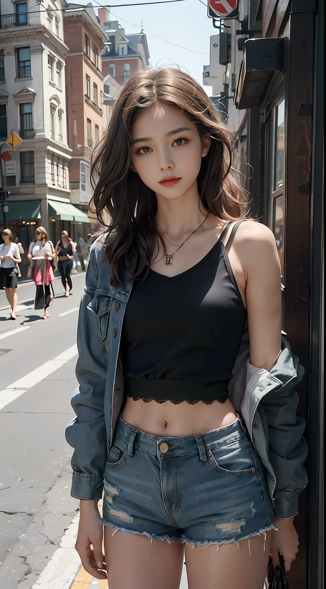 ((medium chest, tomboy, small head)), (well-defined abs: 1.1), (perfect body: 1.1), (short wavy hair: 1.2), russet hair, collar, chain, full body photo, crowded streets, wearing black vest, denim jacket, ((shorts)), (extremely detailed CG 8k wallpaper), (extremely delicate and beautiful), (masterpiece), (best quality: 1.0), (super high resolution: 1.0), beautiful lighting, perfect lightning, realistic shadows, [high resolution ], delicate skin, ultra-detailed ((colorful)))