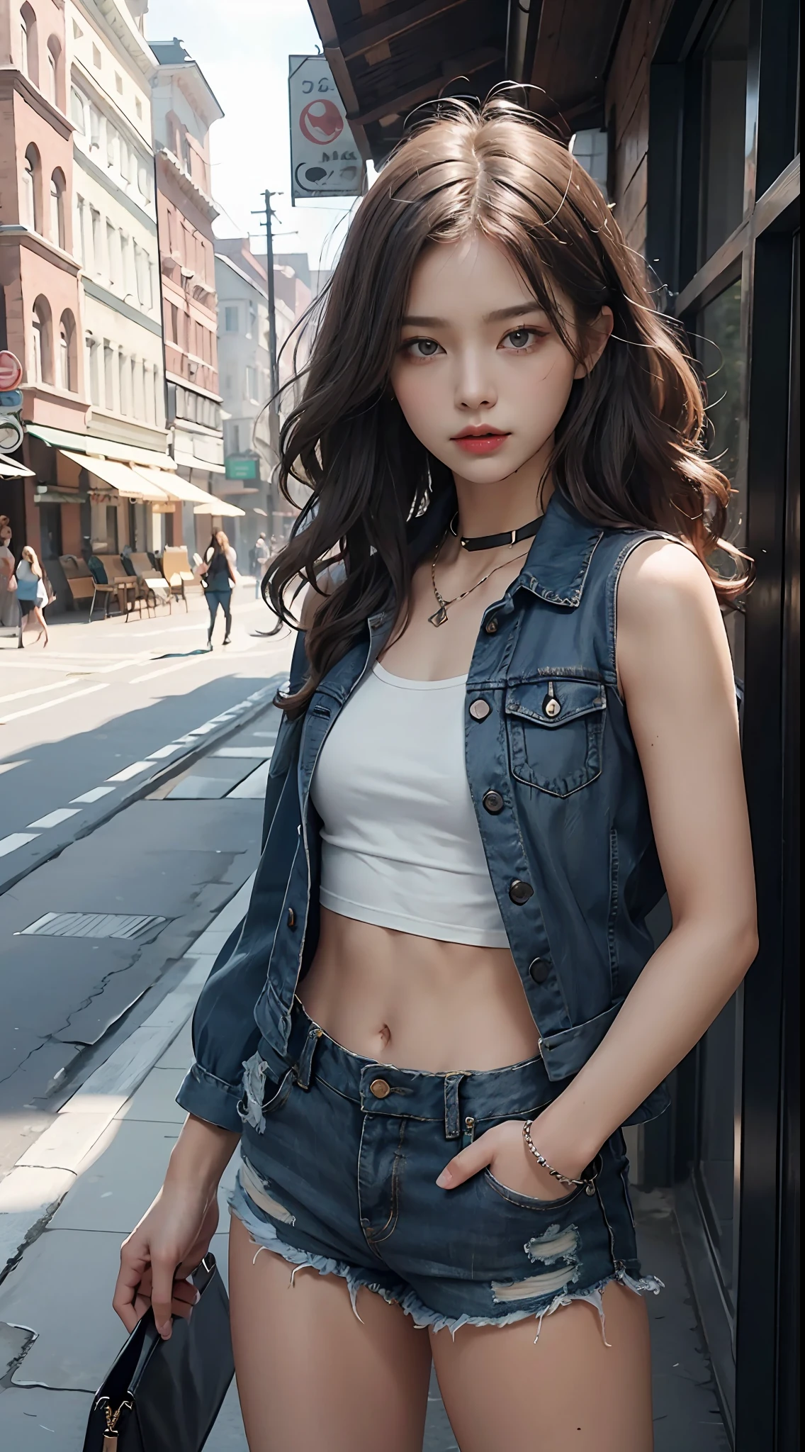 ((medium chest, tomboy, small head)), (well-defined abs: 1.1), (perfect body: 1.1), (short wavy hair: 1.2), russet hair, collar, chain, full body photo, crowded streets, wearing black vest, denim jacket, ((shorts)), (extremely detailed CG 8k wallpaper), (extremely delicate and beautiful), (masterpiece), (best quality: 1.0), (super high resolution: 1.0), beautiful lighting, perfect lightning, realistic shadows, [high resolution ], delicate skin, ultra-detailed ((colorful)))