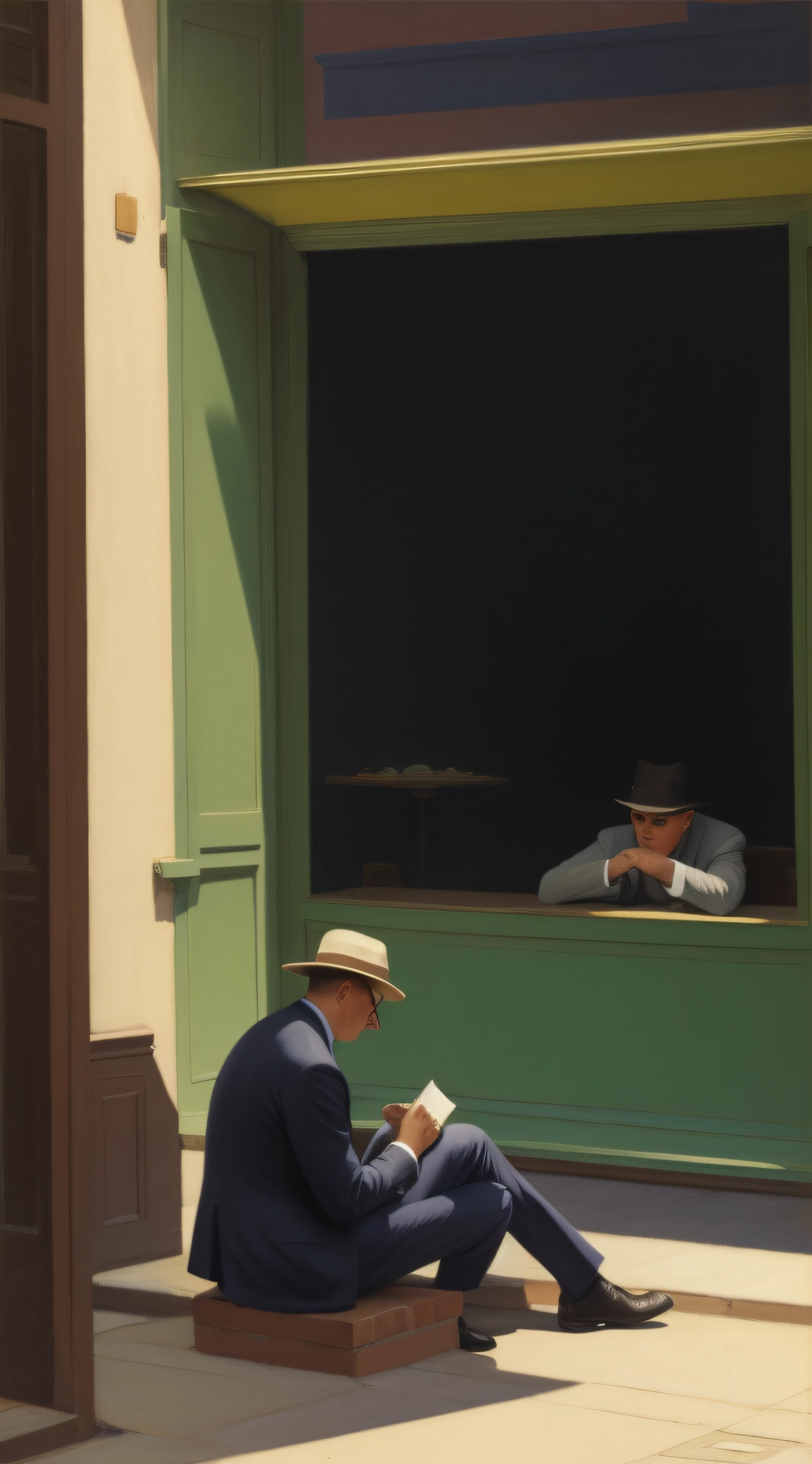 Homem, sitting on ground, back vision, Costas, Vision from afar, Edward Hopper
