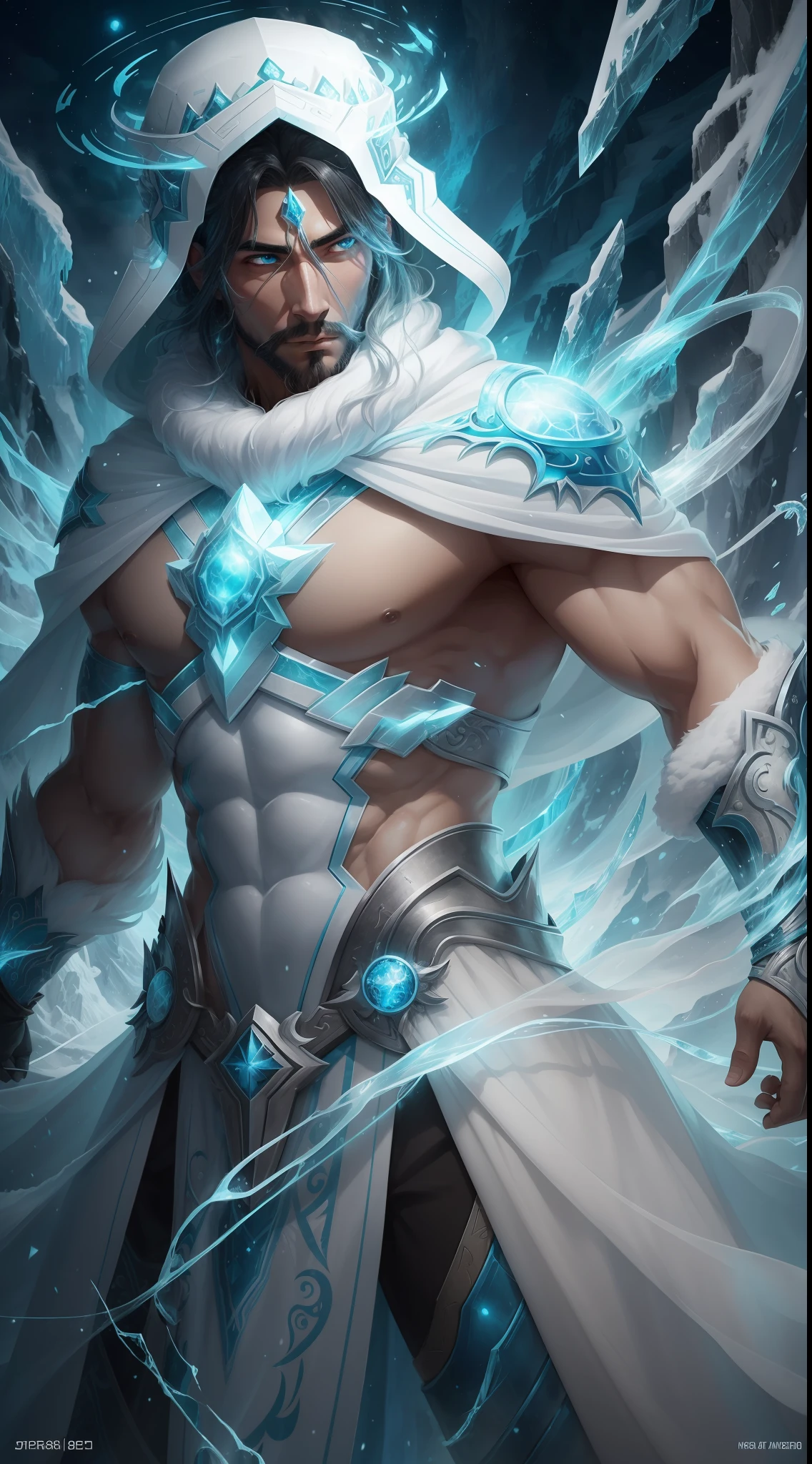 (Ultra resolution 8K), Impressive hetaera illustration, "Espectro Polar": A mystical figure shrouded in a halo of dazzling polar light. His suit radiates the colors and beauty of the Arctic, con tonos de blanco y azul helado que parecen danzar en el viento. Cada paso que da deja una huella brillante de hielo, and his penetrating gaze is full of ancestral wisdom.The Hero of the Polar Spectre controls the elements of cold and ice with dexterity, congelando enemigos en su camino y forjando armas de hielo en un abrir y cerrar de ojos. Su presencia es un recordatorio majestuoso del poder de la naturaleza y la magia polar, mientras lucha por la justicia y protege el equilibrio de la tierra.