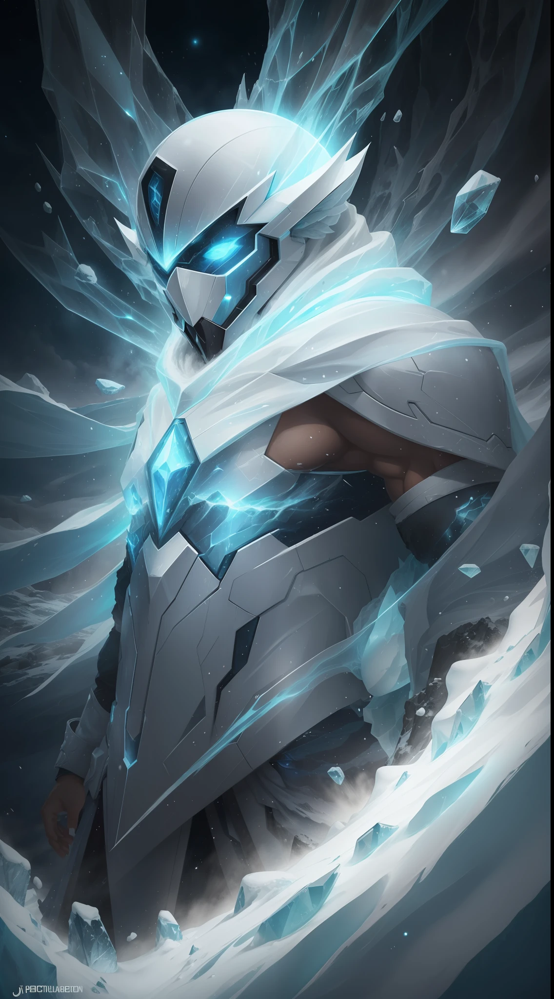 (Ultra resolution 8K), Impressive hetaera illustration, "Espectro Polar": A mystical figure shrouded in a halo of dazzling polar light. His suit radiates the colors and beauty of the Arctic, con tonos de blanco y azul helado que parecen danzar en el viento. Cada paso que da deja una huella brillante de hielo, and his penetrating gaze is full of ancestral wisdom.The Hero of the Polar Spectre controls the elements of cold and ice with dexterity, congelando enemigos en su camino y forjando armas de hielo en un abrir y cerrar de ojos. Su presencia es un recordatorio majestuoso del poder de la naturaleza y la magia polar, mientras lucha por la justicia y protege el equilibrio de la tierra.