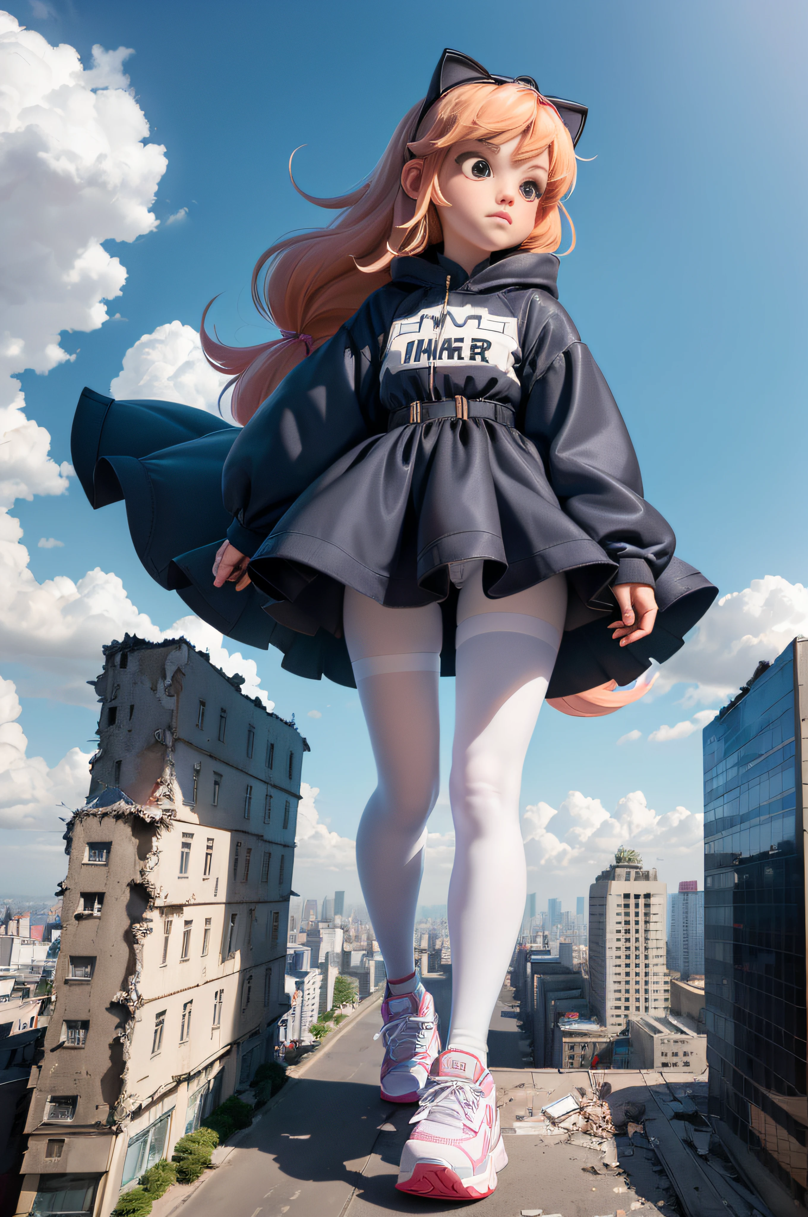 （best qualtiy，tmasterpiece，cartoonish style，High resolution 4k wallpaper），(((The girl towers into the clouds)))(((towering over a city,)))A charming Lolita  girl is walking。delicated face，A face that is biased towards the anime two-dimensional, (((The entire body and head are in view))),Contemptuous laughter，The littlelooked down，Overlooking the perspective, ((White tights))，Low building, Ankle height building, (((Complete sneakers))),(((The city is crushed by sneakers))), Sneakers smash buildings, The mini city is crushed，Very small city, A giantess, (((Girl 10000 meters tall))) ，The sheer majesty and power of the giantess is emphasized。