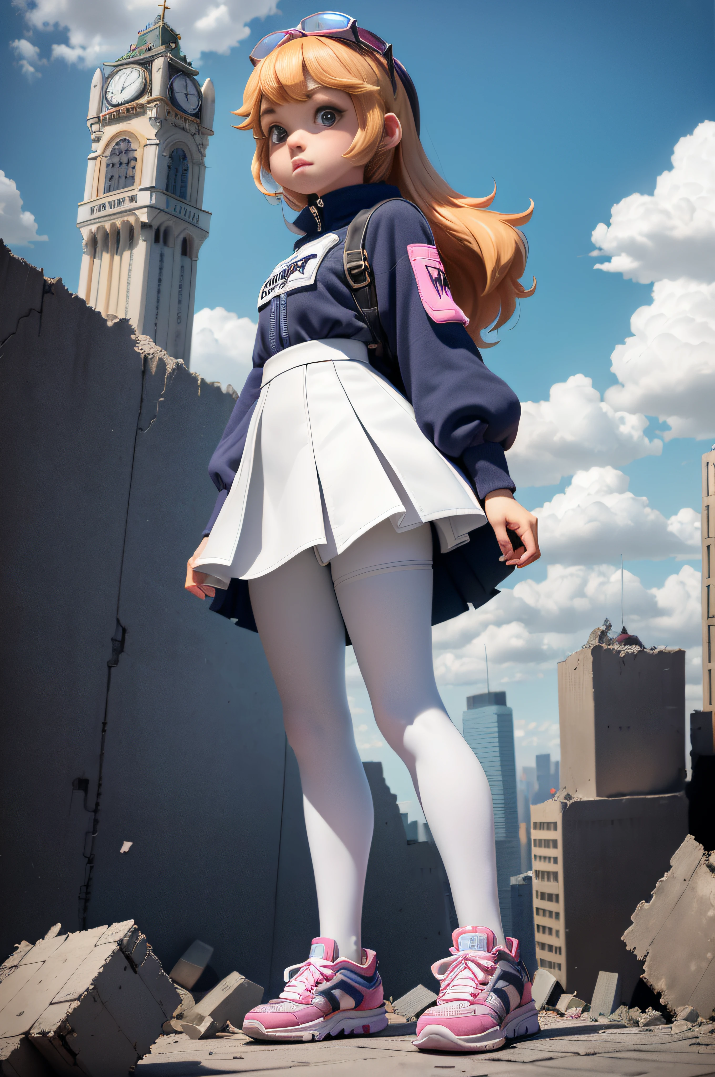（best qualtiy，tmasterpiece，cartoonish style，High resolution 4k wallpaper），(((The girl towers into the clouds)))(((towering over a city,)))A charming Lolita little girl is walking。delicated face，A face that is biased towards the anime two-dimensional, (((The entire body and head are in view))),Contemptuous laughter，The little girl looked down，Overlooking the perspective, ((White tights))，Low building, Ankle height building, (((Complete sneakers))),(((The city is crushed by sneakers))), Sneakers smash buildings, The mini city is crushed，Very small city, A giantess, (((Girl 10000 meters tall))) ，The sheer majesty and power of the giantess is emphasized。