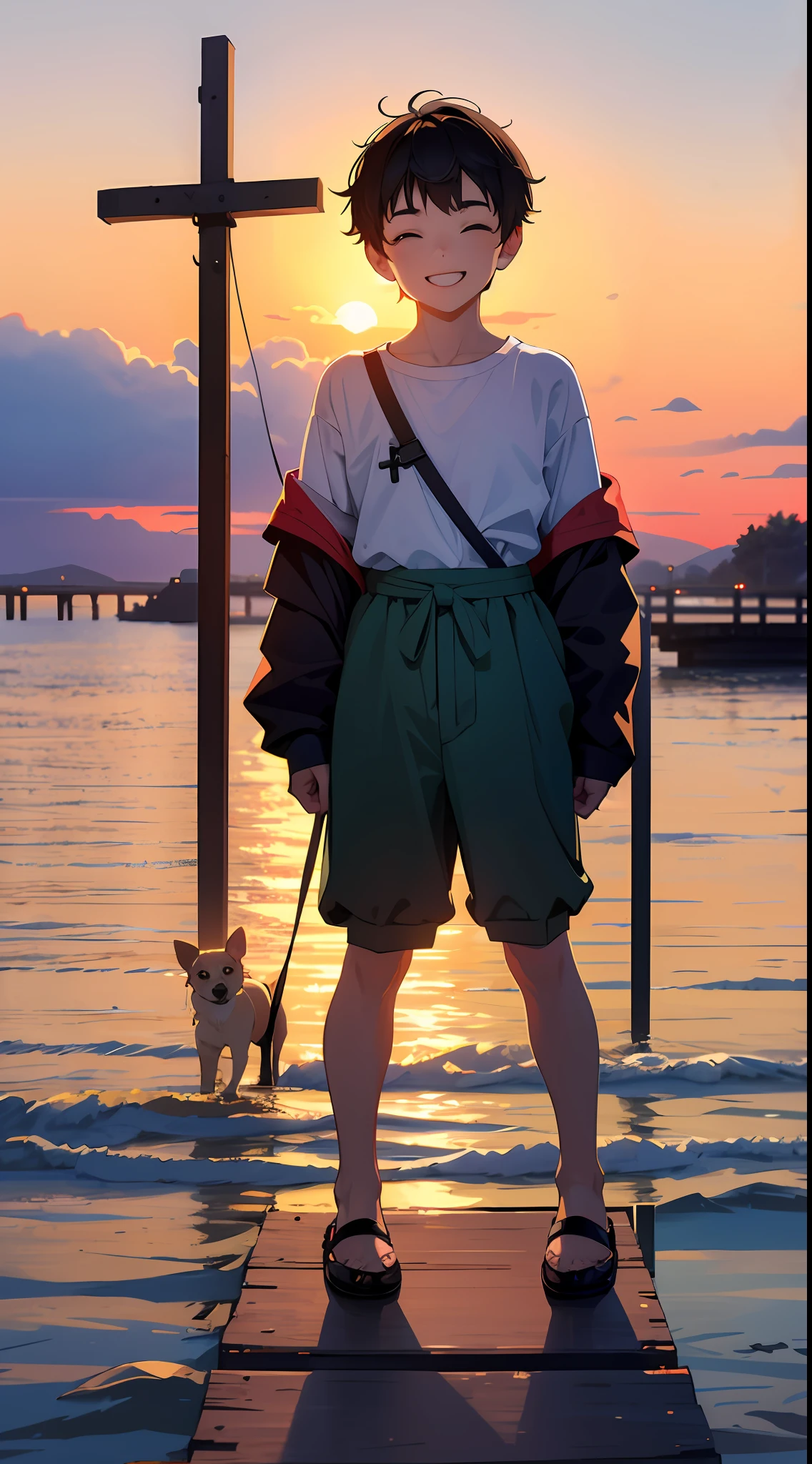 A happy little boy,Dressed in casual attire,Wear slippers,Sit on grass,The background is the cross-sea bridge,There is a cute little dog next to it,Sunset and sunset,Face the camera,Full body photo,Ultra-high definition