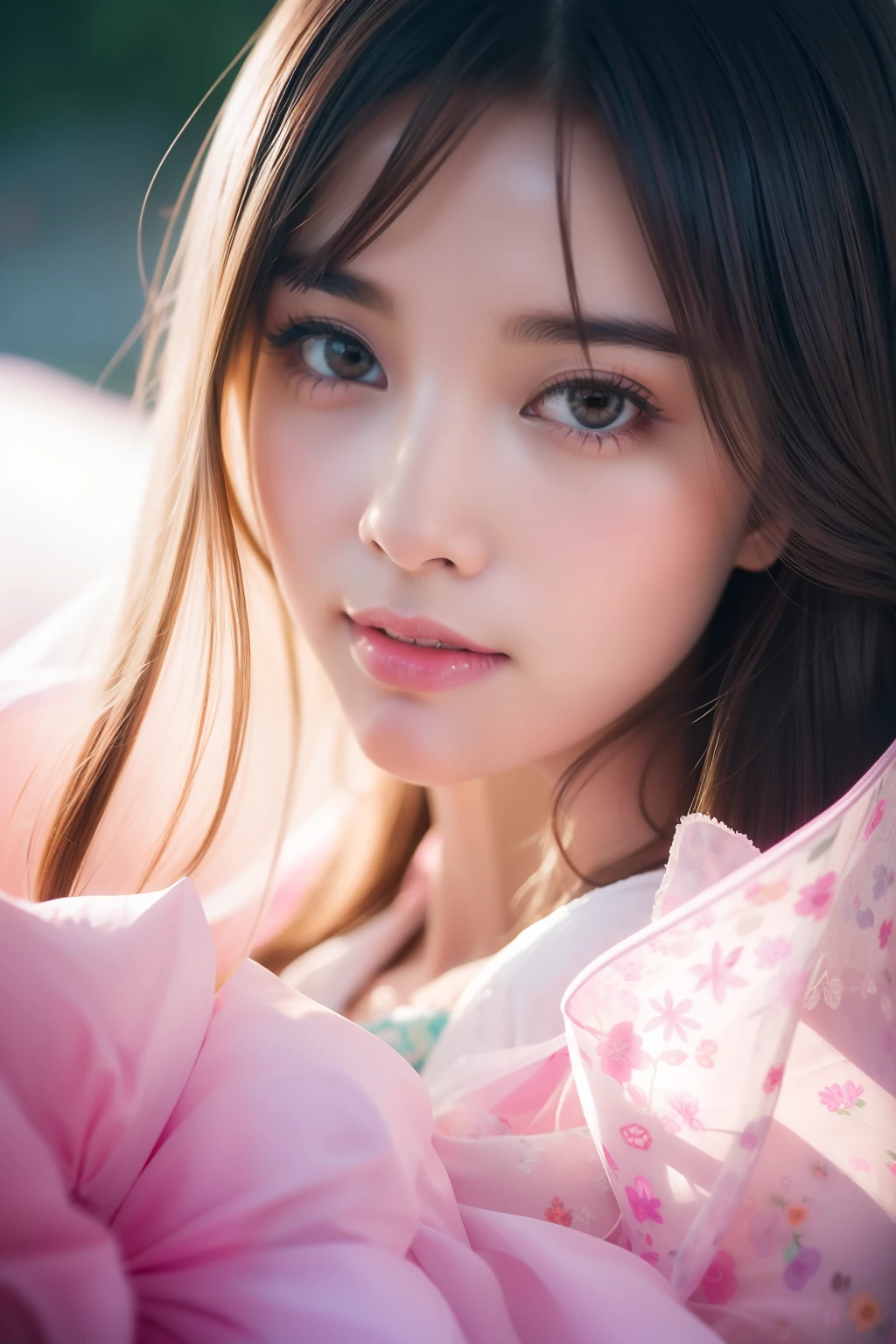 Girls dressed in fashion，Single poster，Exquisite Hair，Pink theme，Multi-element，A picture，Cover of a.An Asian girl covering herself with plastic,Soft focus romantic style,Works by Haruna Kikuchi.Clean.Translucent abstract creation,Close up,Fibre style coloured veil print,A glimpse of white powder.The Art of Light Painting,Colorful arrangement.
