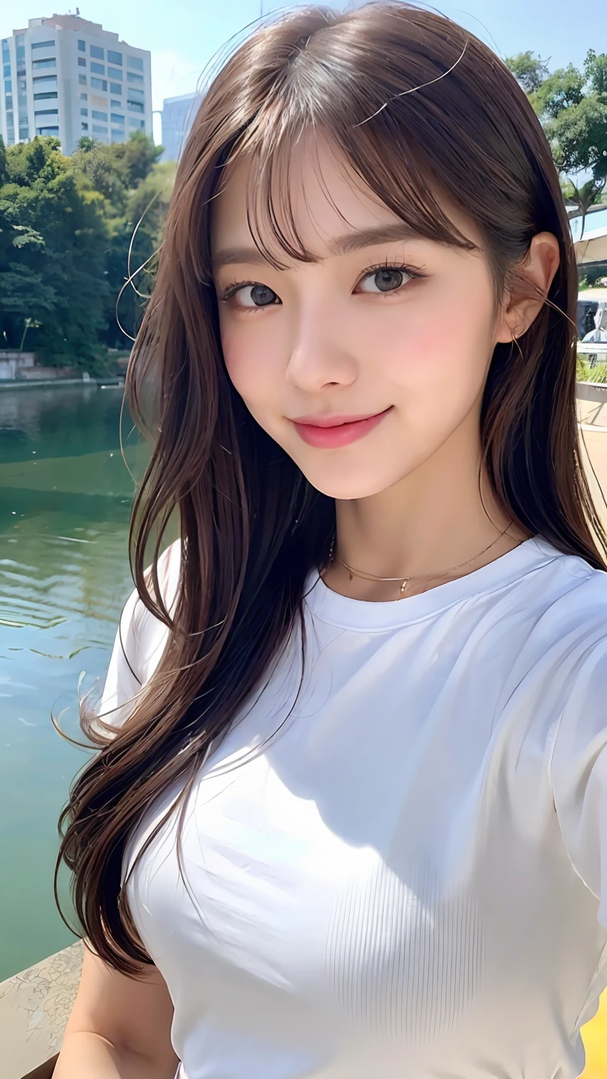 (8K、top-quality、​masterpiece、超A high resolution、High Definition Face:1.3)、portlate、(20 years girl:1.3)、bokeh dof、frontage、 Genius genius smile、ultra-detailliert、ultra res、(realisitic、rialistic photo:1.37)、high-definition RAW color photography、Professional Photography、highly detailed and beautiful、ighly detailed、8K Picture Wallpaper、amazing detailed、huge filesize、Official art、Highly detailed CG Unity 8K wallpapers、highly detailed beautiful girl、extra detailed face、extremely detailed eye、highlydetailed skin、extremely detailed fingers、highly detailed nose、very detailed detailed mouth、Perfect Anatomy、Highly detailed clothing、女の子 1 人、(18:1.2)、Teen、Cute  girl s、famous Japan idol、cute little、Realistic body、小柄、de pele branca、glistning skin、Slim body、Handsome body、brown haired、(Blunt bangs:1.2)、Classic wavy long hair、 (nffsw:1.3),A smile、kawaii、zora々Right、kawaii faces、Lifelike face、Delicat eyes、Sauce order、White T-shirt、skirt by the、Looking at the camera、cowboy  shot、along the river、front facing、Contrapo、public、valley