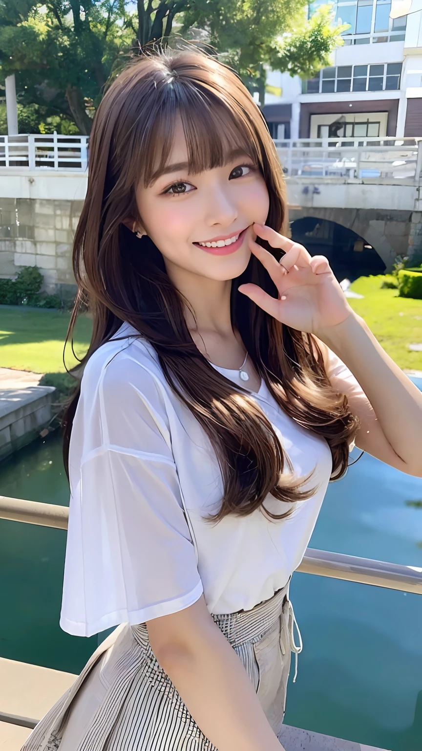 (8K、top-quality、​masterpiece、超A high resolution、High Definition Face:1.3)、portlate、(20 years girl:1.3)、bokeh dof、frontage、 Genius genius smile、ultra-detailliert、ultra res、(realisitic、rialistic photo:1.37)、high-definition RAW color photography、Professional Photography、highly detailed and beautiful、ighly detailed、8K Picture Wallpaper、amazing detailed、huge filesize、Official art、Highly detailed CG Unity 8K wallpapers、highly detailed beautiful girl、extra detailed face、extremely detailed eye、highlydetailed skin、extremely detailed fingers、highly detailed nose、very detailed detailed mouth、Perfect Anatomy、Highly detailed clothing、女の子 1 人、(18:1.2)、Teen、Cute  girl s、famous Japan idol、cute little、Realistic body、小柄、de pele branca、glistning skin、Slim body、Handsome body、brown haired、(Blunt bangs:1.2)、Classic wavy long hair、 (nffsw:1.3),A smile、kawaii、zora々Right、kawaii faces、Lifelike face、Delicat eyes、Sauce order、White T-shirt、skirt by the、Looking at the camera、cowboy  shot、along the river、front facing、Contrapo、public、valley