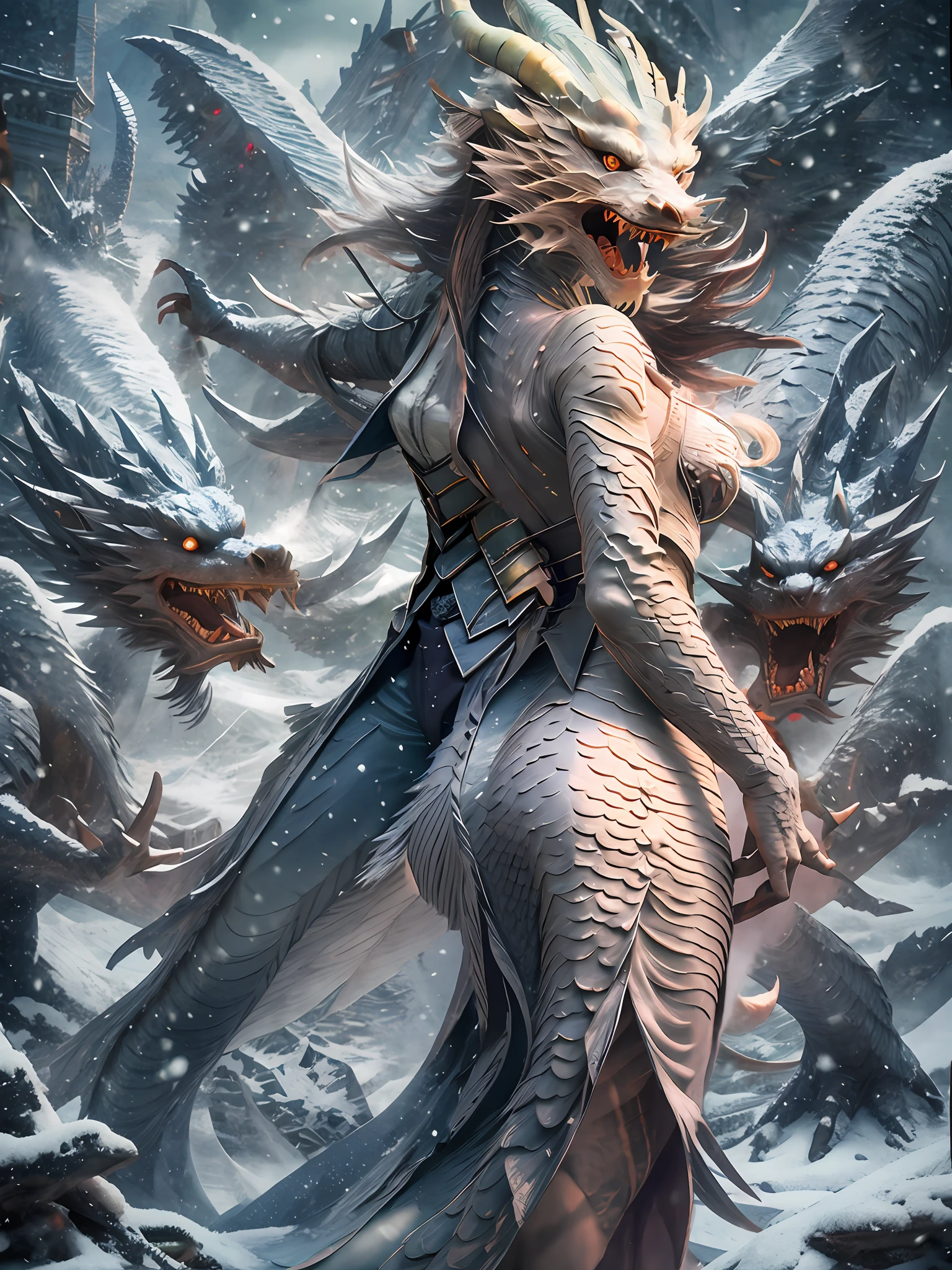 make the character unleash spells of blue rays coming out of the hands and a background with landscape of a place in the snows