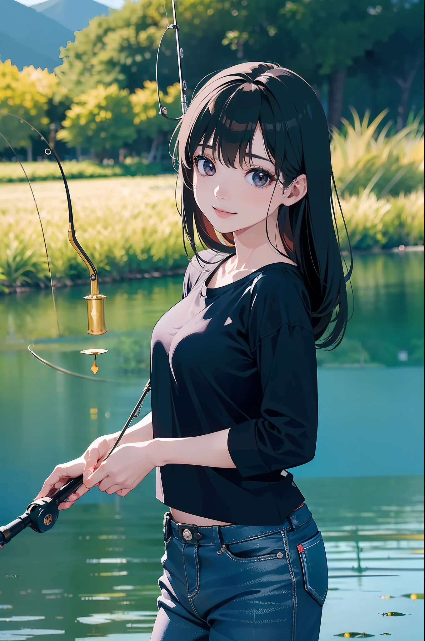 (((have a fishing rod and reel by the lakeside:1.1))),((Best quality, Masterpiece :1.3)),1 japanese mature female,black hair, longeyelashes, solid circle eyes, light smile, drop shadow, atmospheric perspective, 8k, super detail, ccurate, best quality, middle breasts,black jacket, Black T-shirt ,navy blue jeans,
