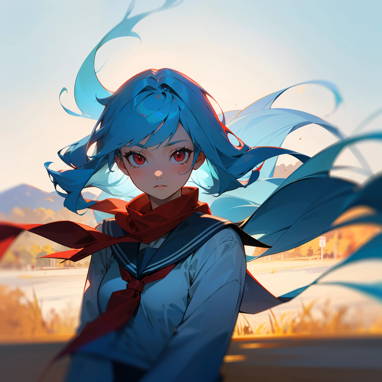 artistic photograph, Real light and shadow on a sunny day,autumnal,On the road,((a sailor suit)),1 beautiful girl,The upper part of the body,(((Long light blue hair))),Red eyes,(long hair),(Red scarf),windy