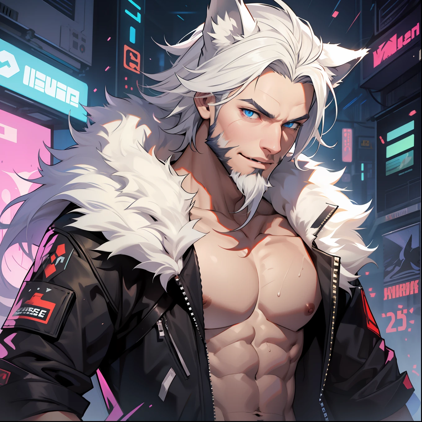 Male with light beard, flowing white hair, has wolf ears, has wolf tail, shirtless, happy, playful, in cyberpunk outfit, has blue eyes