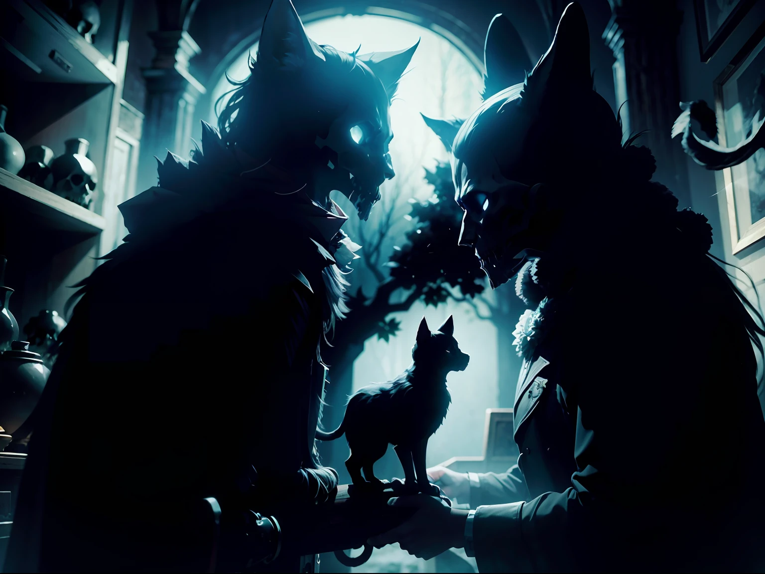A SHADOWY BLACK CAT on top of HUMAN BONES AND SKULLS in A DENSE AND DARK FOREST AT NIGHT IN THE LIGHT OF THE MOON, Clima denso, gothic horror vibes, arte de fantasia de terror, cores mortas