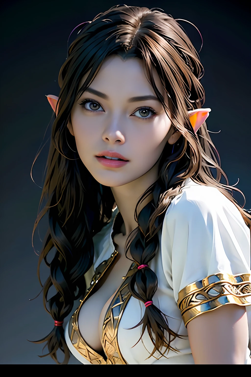Ultra-detailed complex 3D rendering of face, (Colossal: 8.8), (masterpiece, top quality, octane rendering, 8K), glamour shot full body image, very beautiful young elf, cleavage, (very detailed skin: 1.2), (exposure: 1.1), brown-haired, ((wearing a plummeted open shirt of white silk: 1.10)), beautiful Caucasian woman with black skin with full soft breasts with big buttocks, Single, long braided hair, big breasts, dynamic angle, mystical expression, ultra-realistic photo, (((portrait)))), bare feet, futuristic urban background, facial muscles, detailed and beautiful queen gold crown, in the style of Marvel Comics, ArtStation trends, clear focus, studio photography, intricate details, very detailed, detailed red eyes, very detailed, Sharp Focus, Digital Rendering, Professional, Abs, Dark Grey Background,