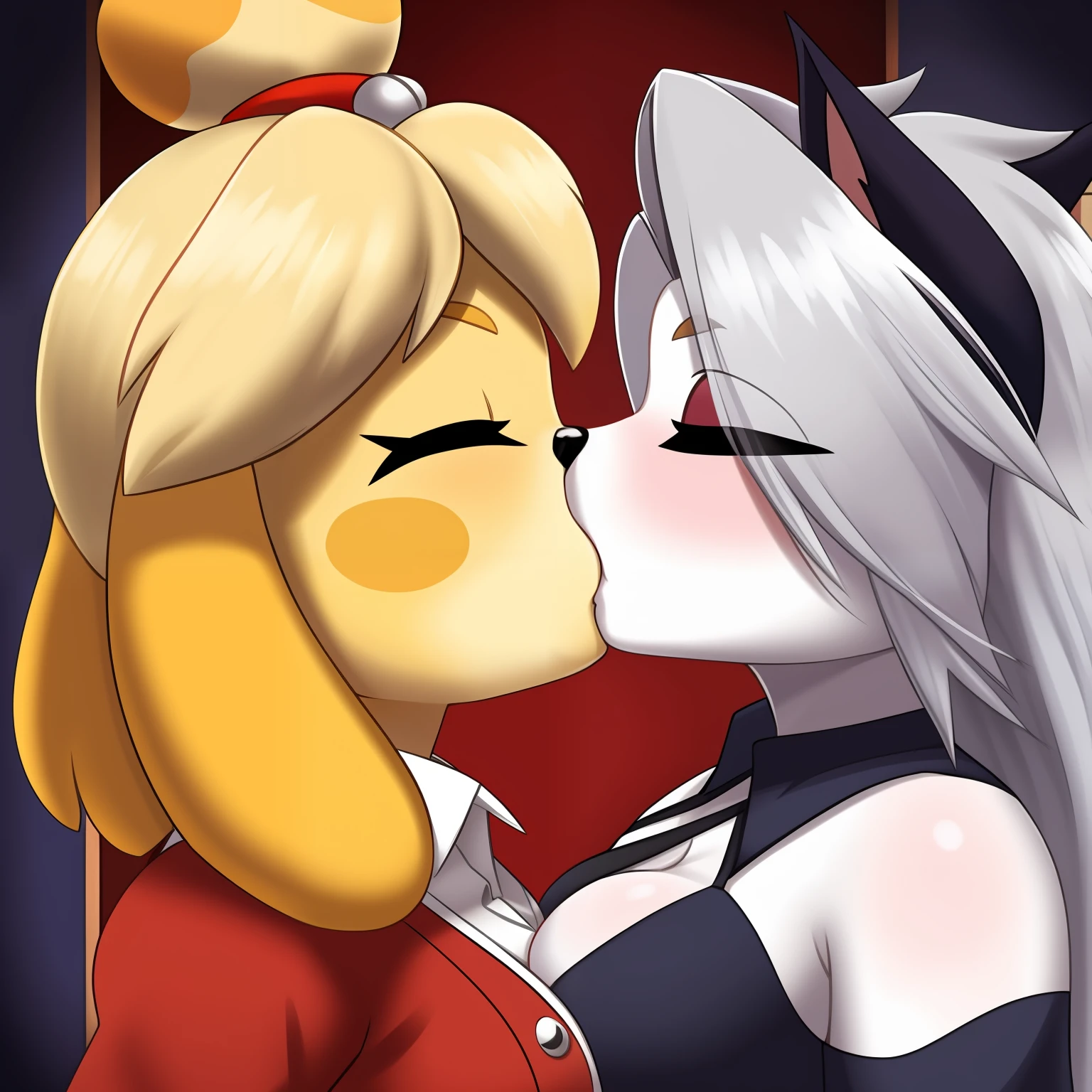 Isabelle from animal crossing and Loona from helluva boss kissing