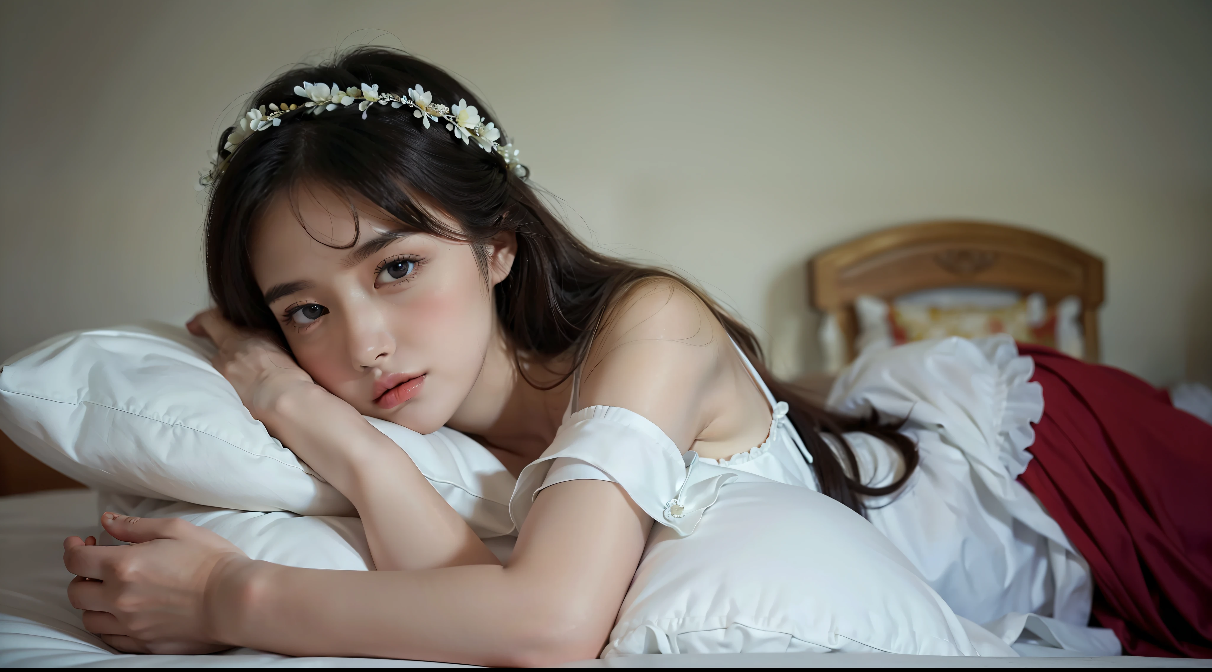 (high degree of completion: 1.3),(high quality: 1.2),(Rich details: 1.2),(Delicate picture: 1.ung girl, justice, character, (wearingLightcyandress: 1.3), tall figure, (long and white legs:1.2), beautiful woman, beautiful, charming, kind, black hair, (flower hair accessories: 1.2), (charming:1.4), charming, lovely, big eyes, white and tender skin, pleasing,DeepNegativeV1.x_V175T,EasyNegative_EasyNegative