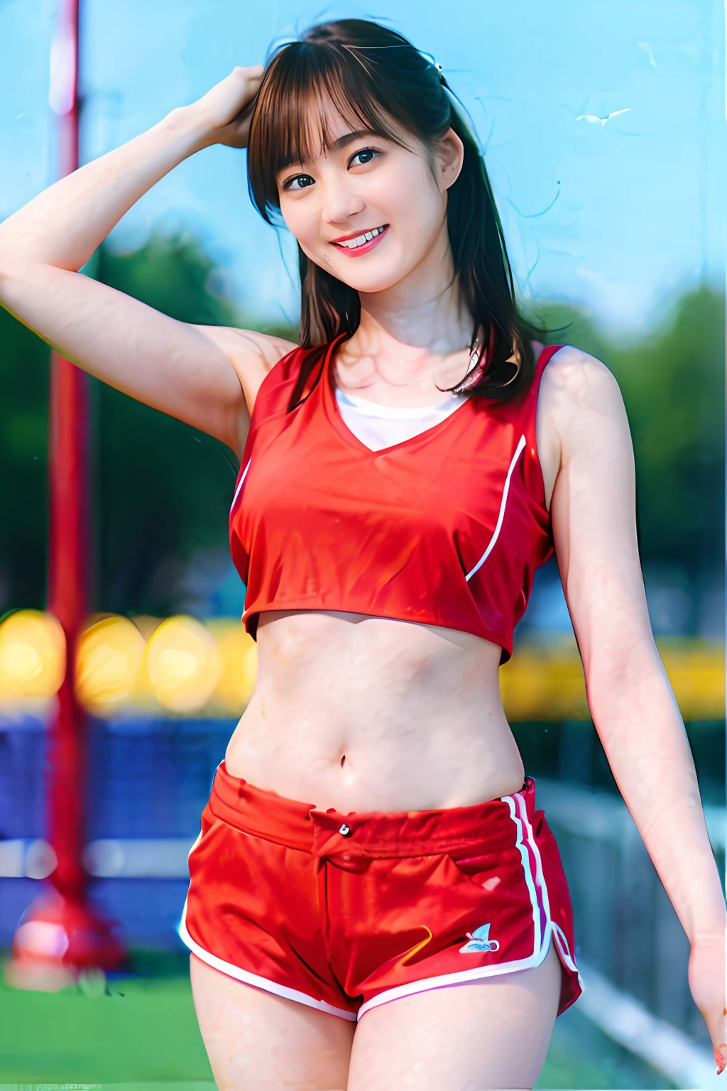 (masterpiece:1.3), (8K, Photorealsitic, Raw photography, Top image quality: 1.4), (very large breast bulge:1.7)、(D Cup:1.4)、(Crisp 2.4)、(Random hairstyles:1.2)、、foco nítido:1.2、prety woman:1.4、top-quality、masterpiece、超A high resolution、(Photorealsitic:1.4)、very detailed and professional lighting、Perky smile、Track and field athletes stretching、Tight white crop top、Red Racing Shorts、