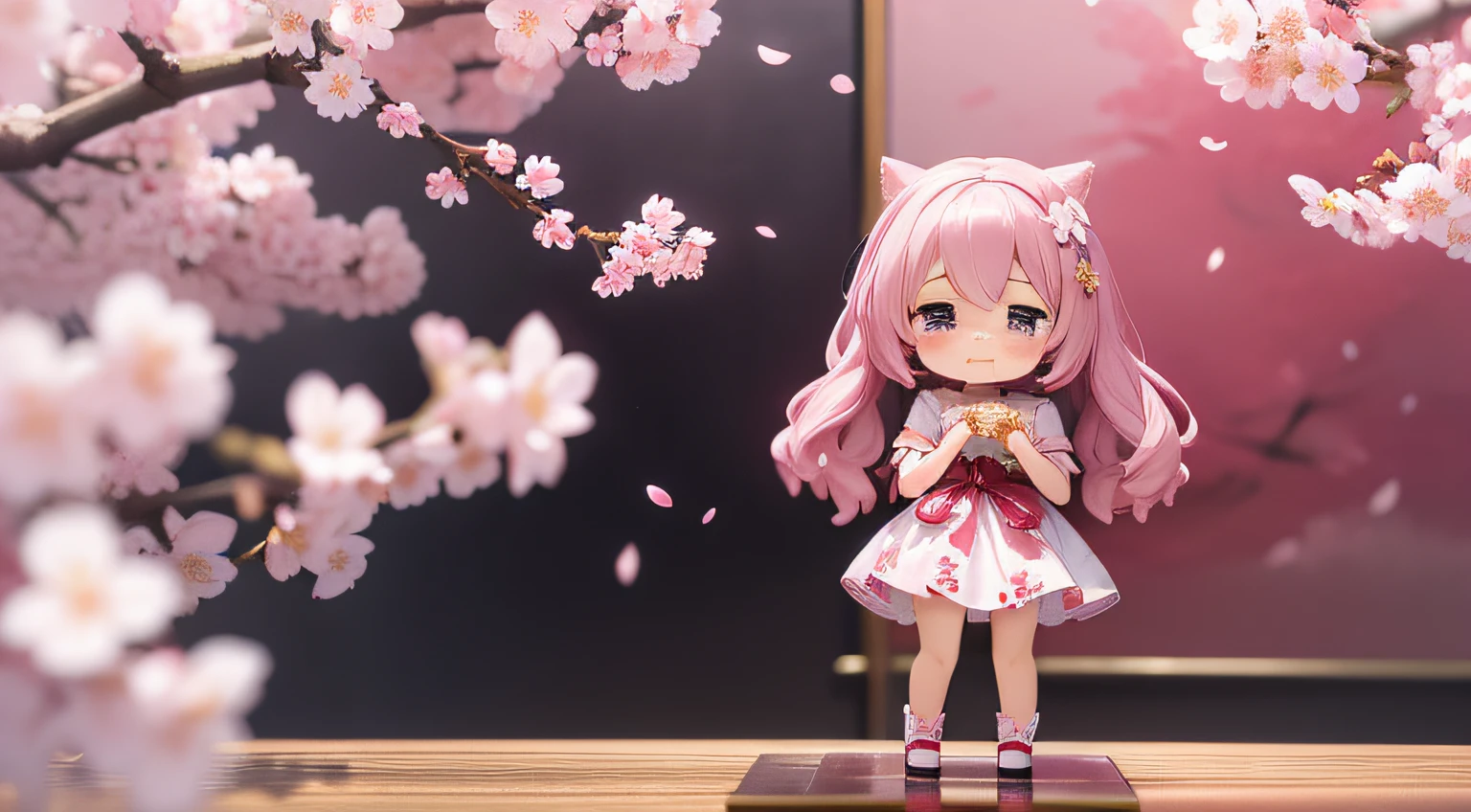 Doll standing in front of the painting、bionde、Crying face、Wiping tears、Sengai、pixiv、rokoko、dollfie dream、watercolor Nendoroid、(High Definition Figure)、flowing sakura-colored silk、nendroid、highly_Detailed!!,Cherry blossom petals、Flowing cherry blossom silk、season!!: 🌸 ☀ 🍂 ❄