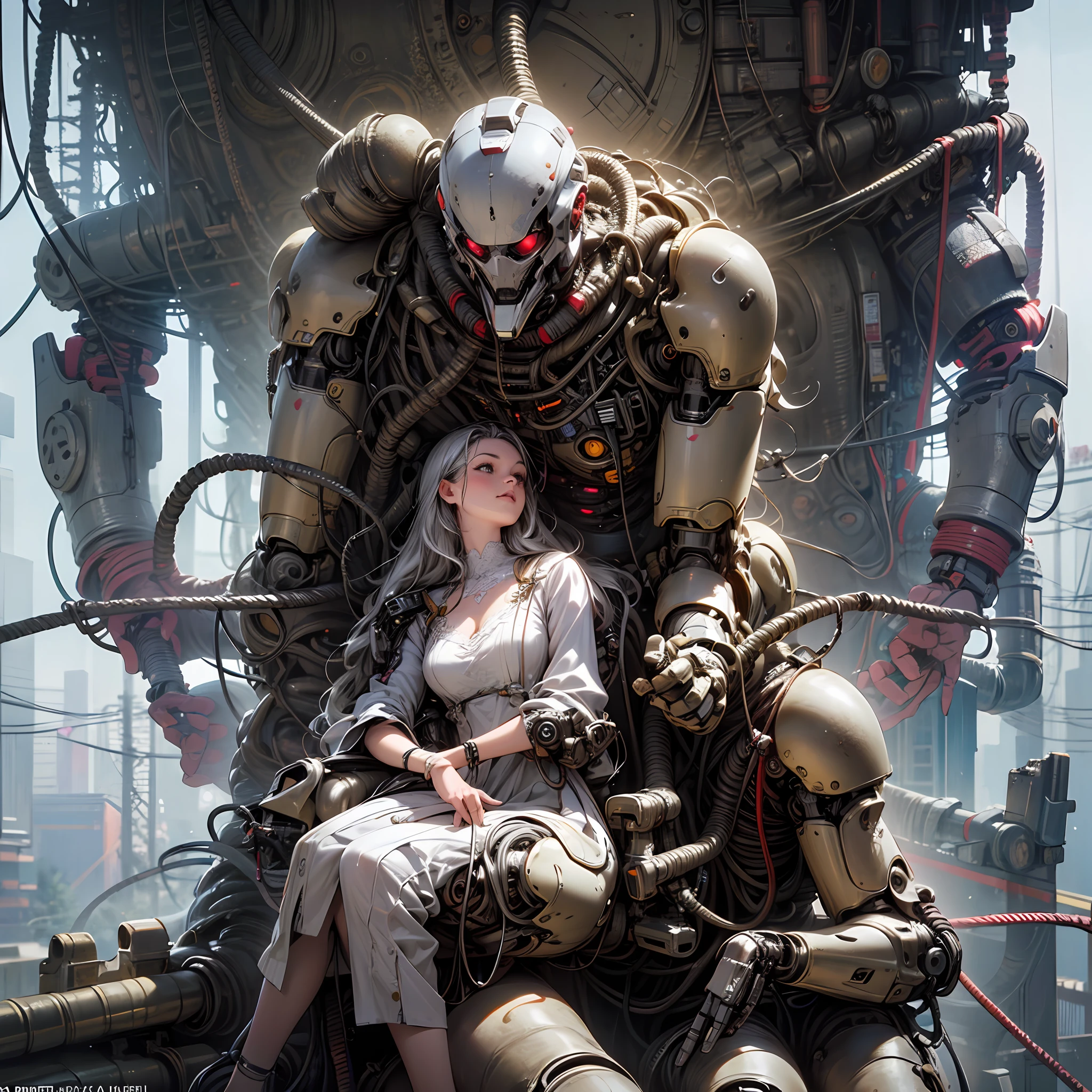 complex 3d render ultra detailed of a beautiful porcelain profile woman android face, cyborg, robotic parts, 150 mm, beautiful studio soft light, rim light, vibrant details, luxurious cyberpunk, lace, hyperrealistic, anatomical, facial muscles, cable electric wires, microchip, elegant, beautiful background, octane render, H. R. Giger style, 8k, best quality, masterpiece, illustration, an extremely delicate and beautiful, extremely detailed ,CG ,unity ,wallpaper, (realistic, photo-realistic:1.37),Amazing, finely detail, masterpiece,best quality,official art, extremely detailed CG unity 8k wallpaper, absurdres, incredibly absurdres, robot, silver halmet, full body, sitting