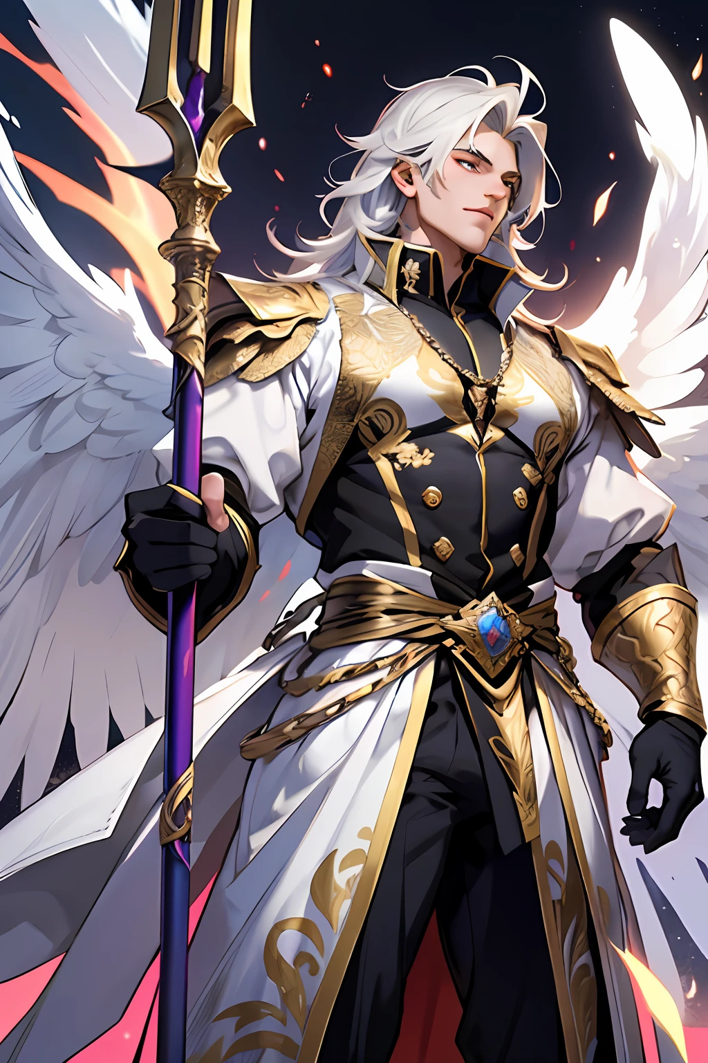 Caius is a handsome male, stands at 7ft tall. He has an athletic body structure. He wears royal attire thats silver and gold. He has beautiful white silky hair and an indescribable eye color. He is seen with a staff. He has huge white wings. A big bulge in his pants.