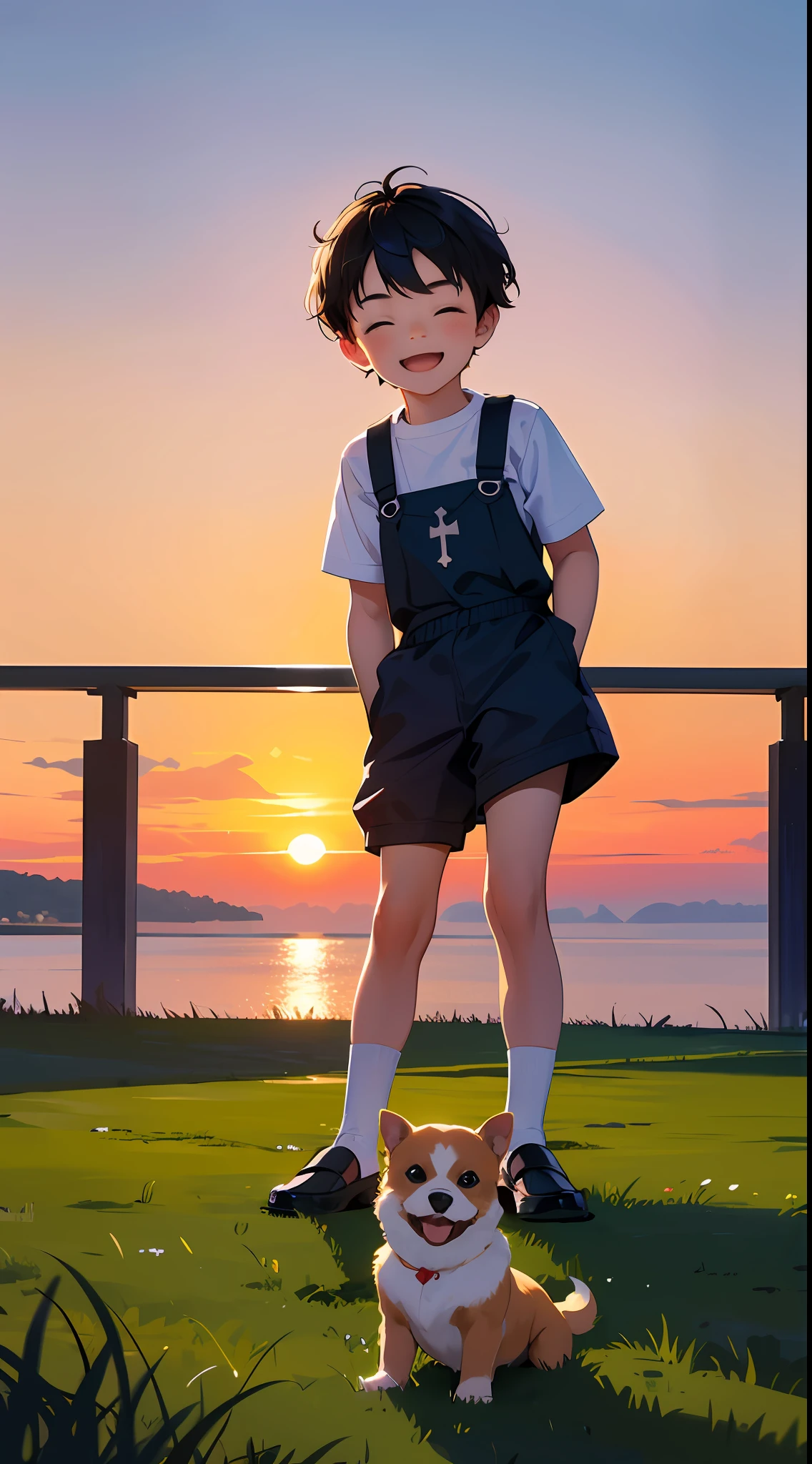 A happy little boy,Dressed in casual attire,Wear slippers,Sit on grass,The background is the cross-sea bridge,There is a cute little dog next to it,Sunset and sunset,Face the camera,Full body photo,Ultra-high definition
