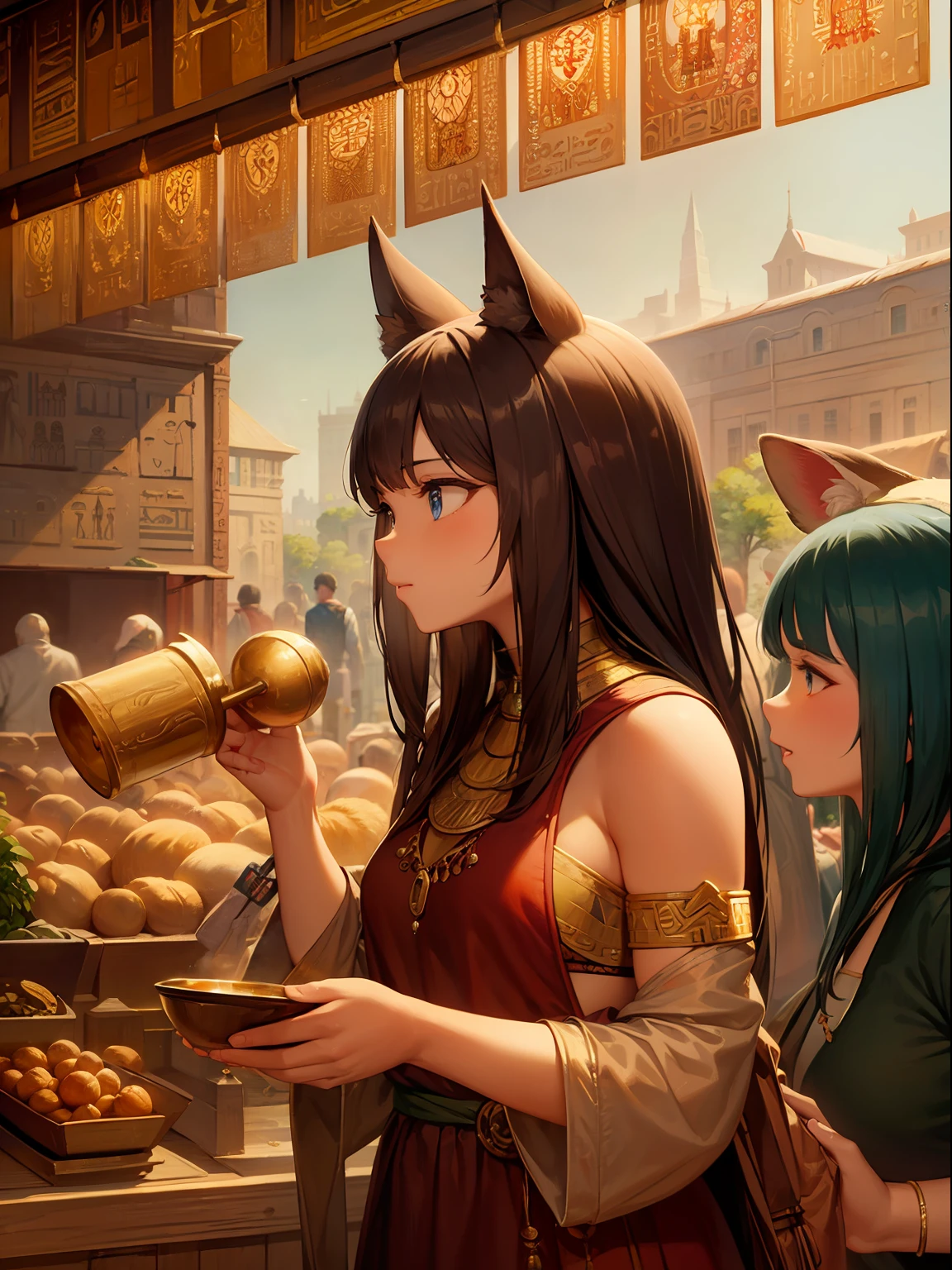 Best quality, 4k, civilized town, ancient era, crowded, fantasy, civilization, people with animal ears, daily life, lively, ancient, egypt, markets, golden, (oil painting:1.3)