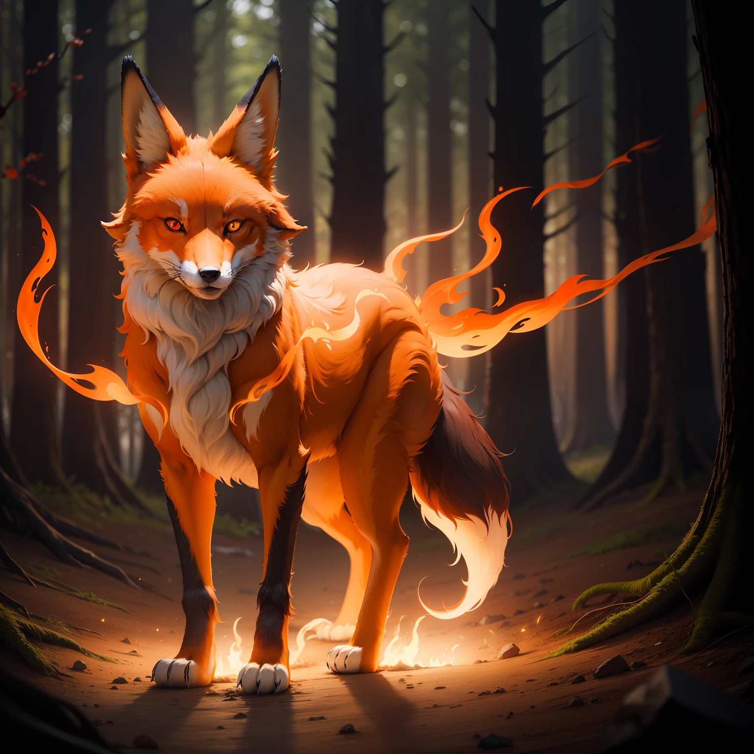 Whole fiery magical fox in dark left, In Forest, full body glowing orange eyes, realistic, 8k