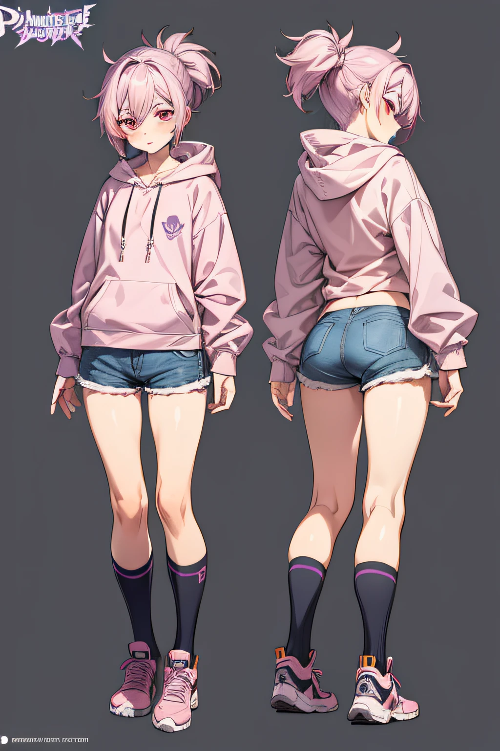 (character design sheet, same character, front, side, back), illustration, cute boy, concept art, character concept art, purple hair, tomboyish details hairstyle, hoodie, shorts, pinkish-red eyes, detailed