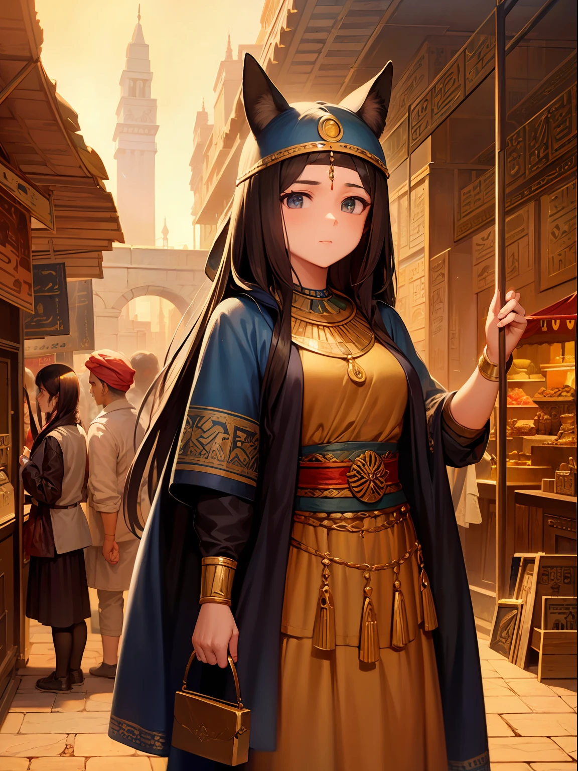 Best quality, 4k, civilized town, ancient era, crowded, fantasy, civilization, people with animal ears, daily life, lively, ancient, egypt, markets, golden, (oil painting:1.3)