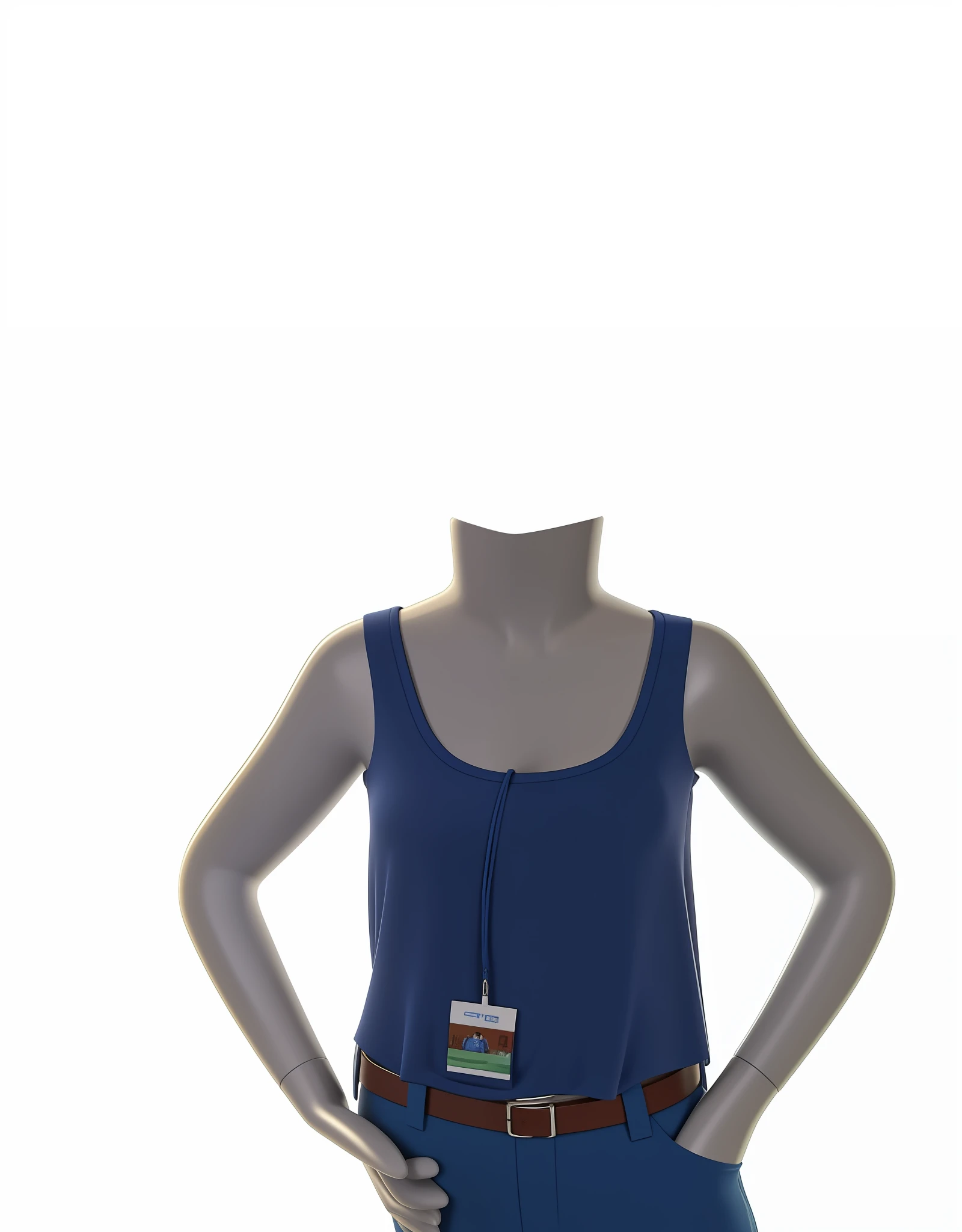 There's a mannequin wearing a blue shirt and a brown belt, em um manequim. alta qualidade, imagem oficial do produto, Usando : Tampo do Tanque, traje de leotard azul escuro, em um manequim. high resolution, upper torso included, camiseta do tanque, roupa interior de borracha, Tampo tanque azul, tshirt azul apertada, roupa interior de borracha cinzenta, torso humano feminino