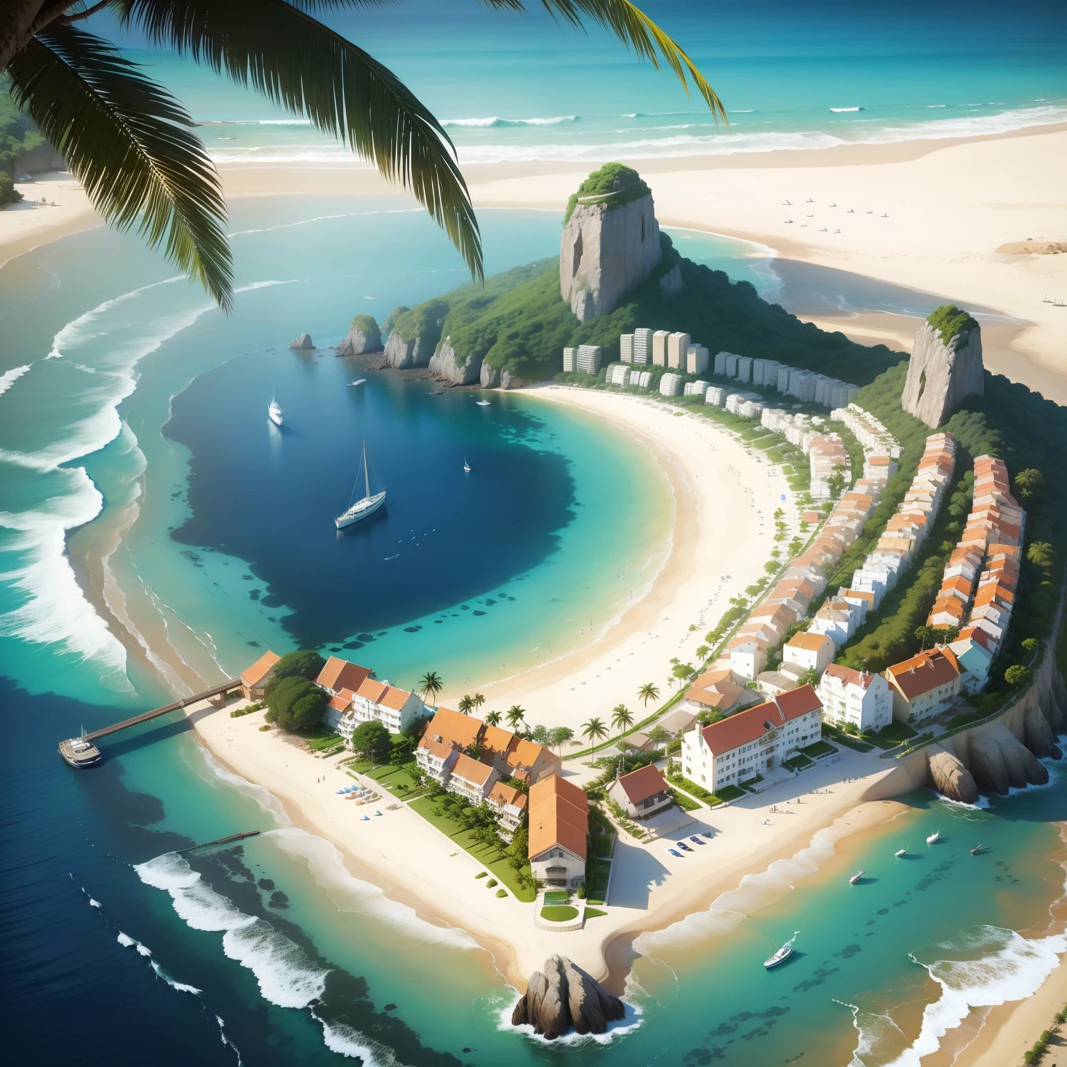 Landscape of a realistic island with yachts and exotic birds, praia