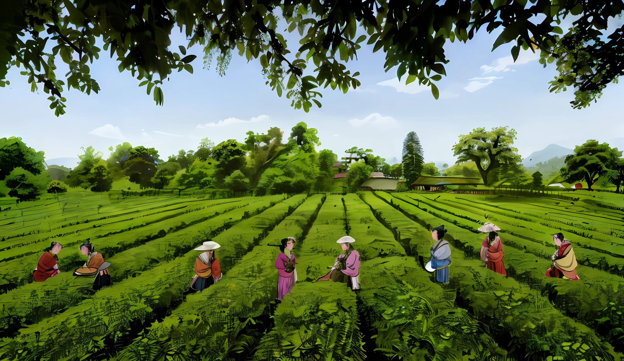 ink wash style,Chada is facing the camera,Extending into the distance,There is a horizontal row of women picking tea in the tea field,The woman wore a Miao costume,Hmong costumes worn by women,HmongCostume