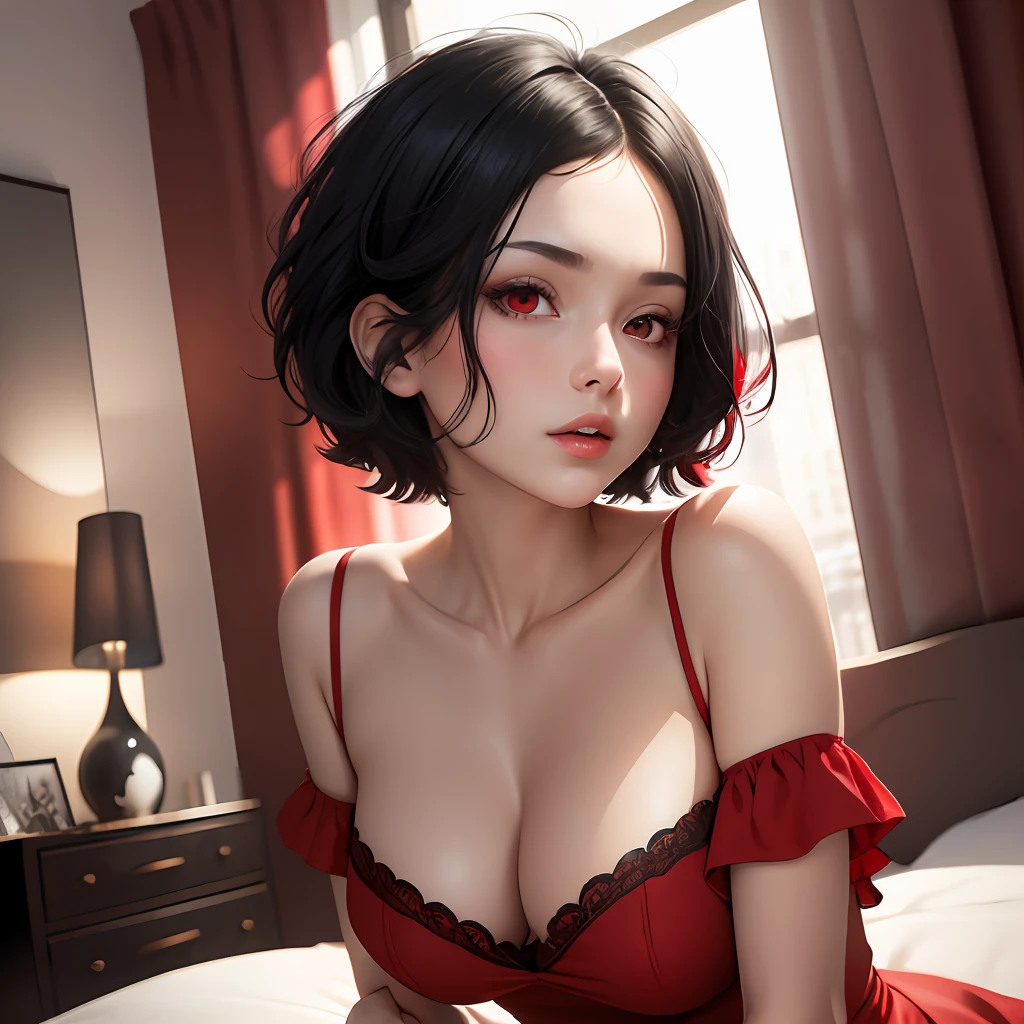 best quality, masterpiece, short Black hair, red eyes, looking up, upper body, red dress, in bed room