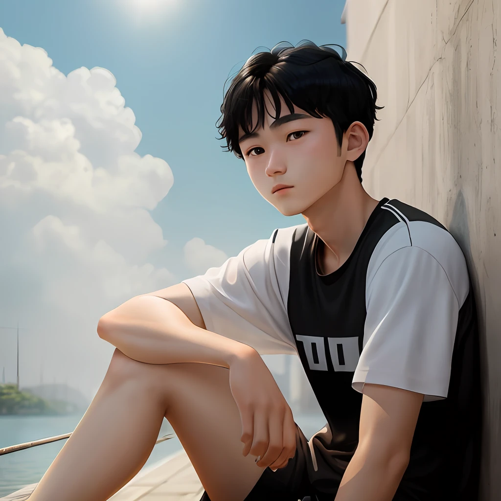 juvenile sense,Black hair and black eyes,white skinned,The ager wears a white short-sleeved face,Sunny atmosphere