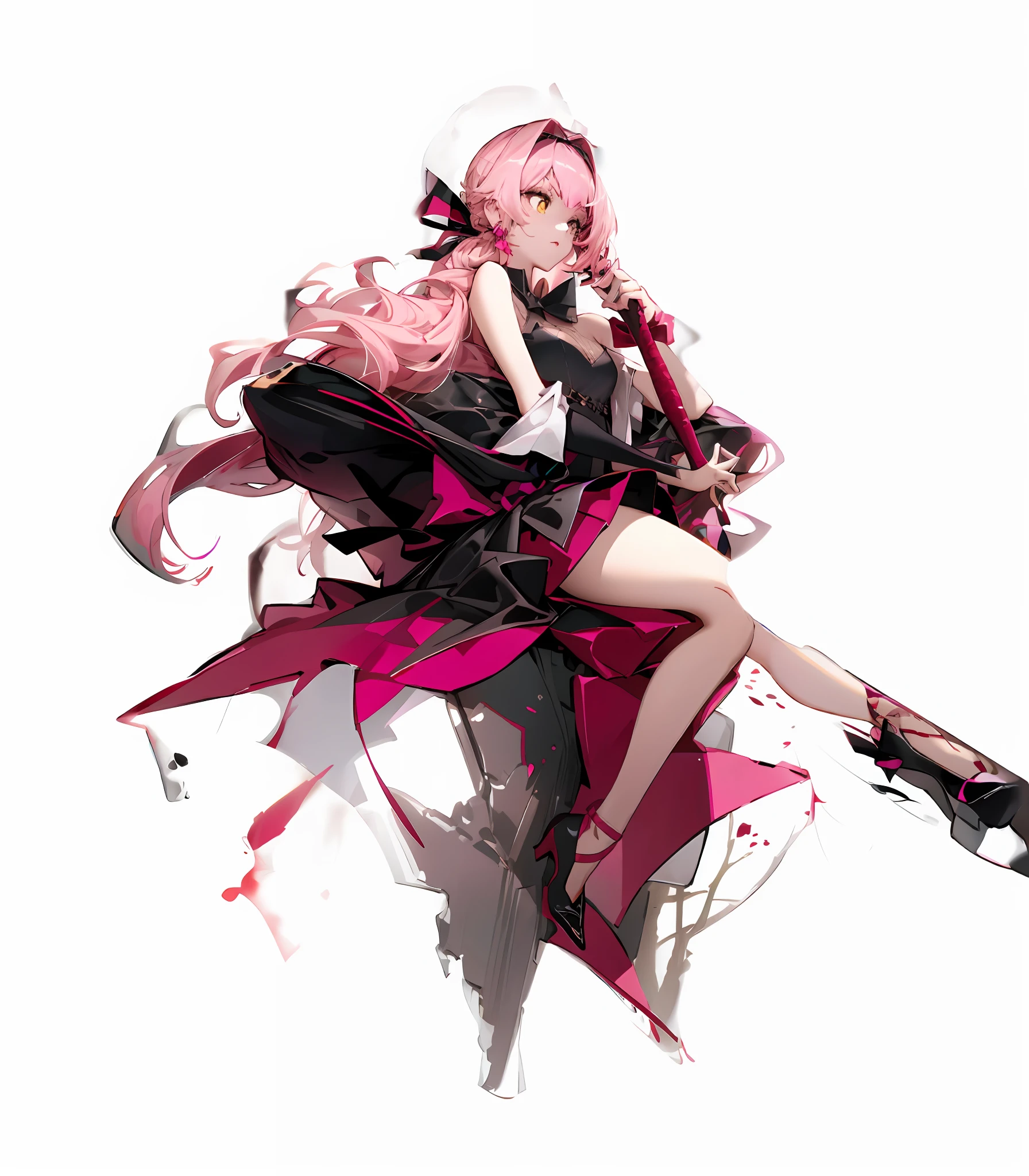 A beautiful maiden,Pink hair,Golden pupils,Red coat,Baseball bat in hand,Zone Zero,Black and white dress,Headband bow