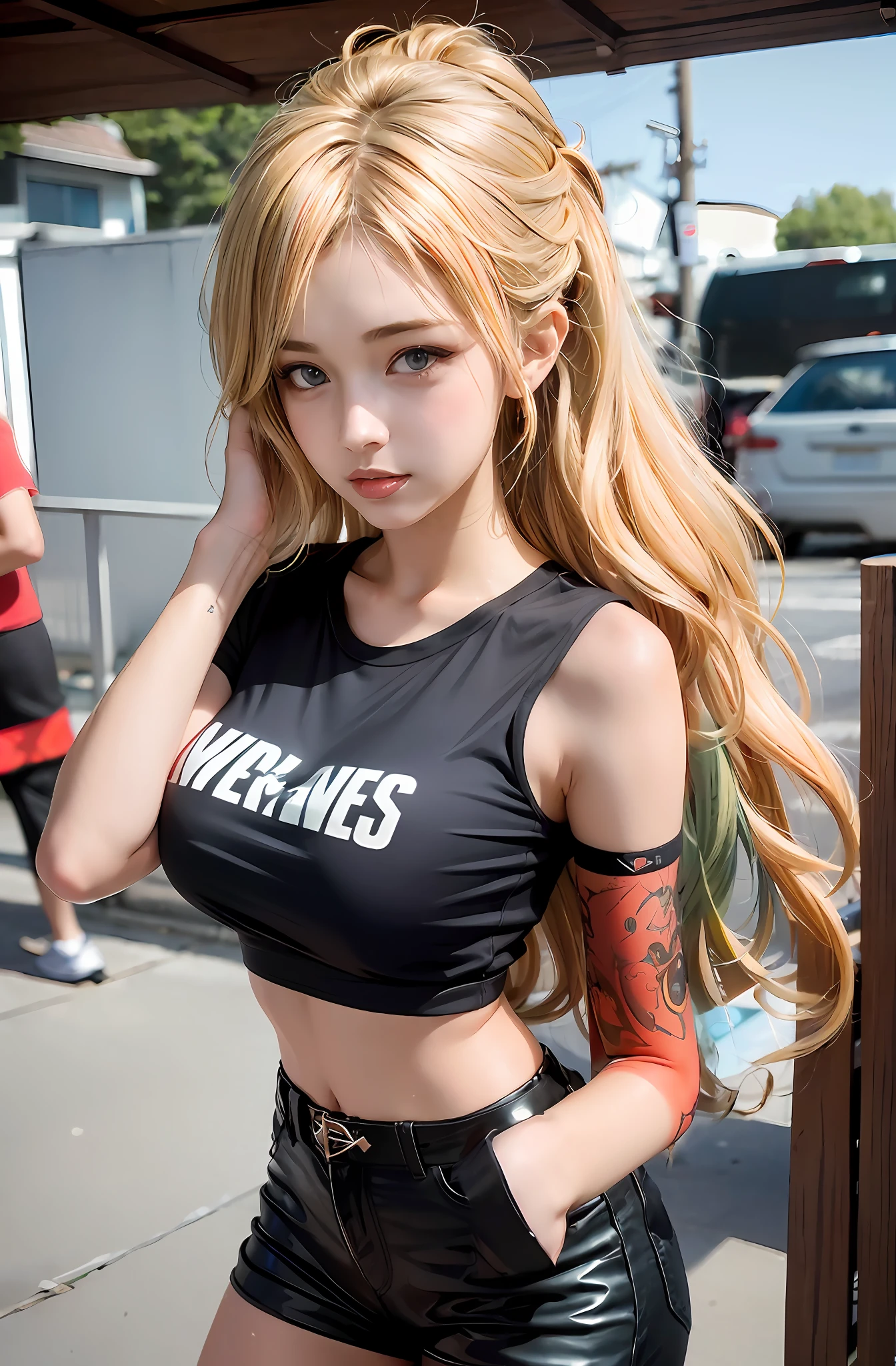 Blonde woman posing for photo in black shirt and leather shorts, Anime girl cosplay, Anime girl in real life, senna from league of legends, she is wearing a black tank top, Anime cosplay, Blonde anime girl with long hair, 《overwatch》Cute Brigitte, blonde goddess, attractive anime girls, perfect android girl, seductive anime girls, very anime style