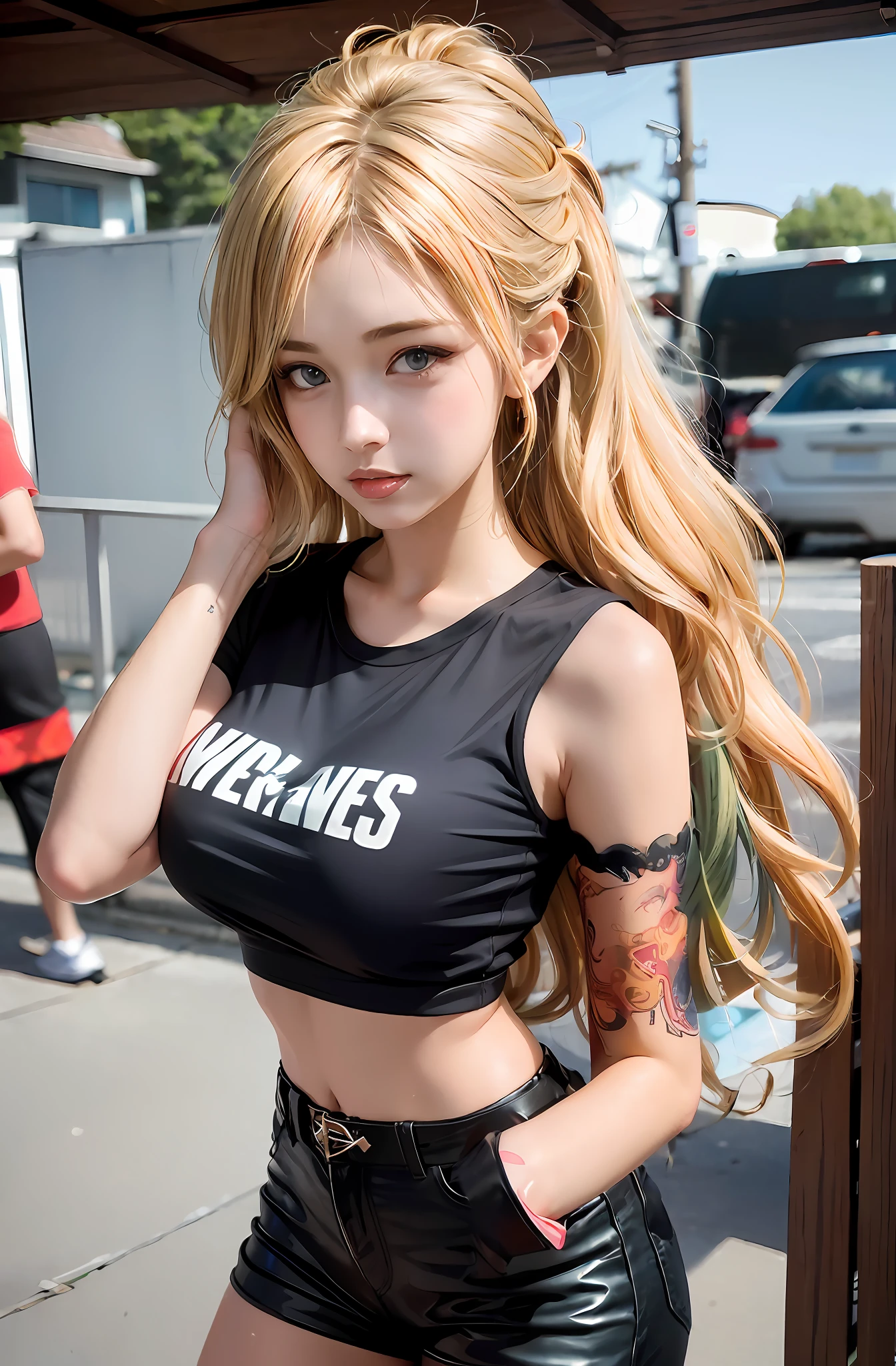Blonde woman posing for photo in black shirt and leather shorts, Anime girl cosplay, Anime girl in real life, senna from league of legends, she is wearing a black tank top, Anime cosplay, Blonde anime girl with long hair, 《overwatch》Cute Brigitte, blonde goddess, attractive anime girls, perfect android girl, seductive anime girls, very anime style