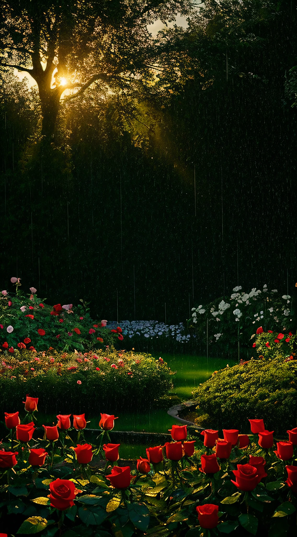 Rose garden，evening light，8k，scenecy，photorealestic，rain drops，solid，Bedrooms