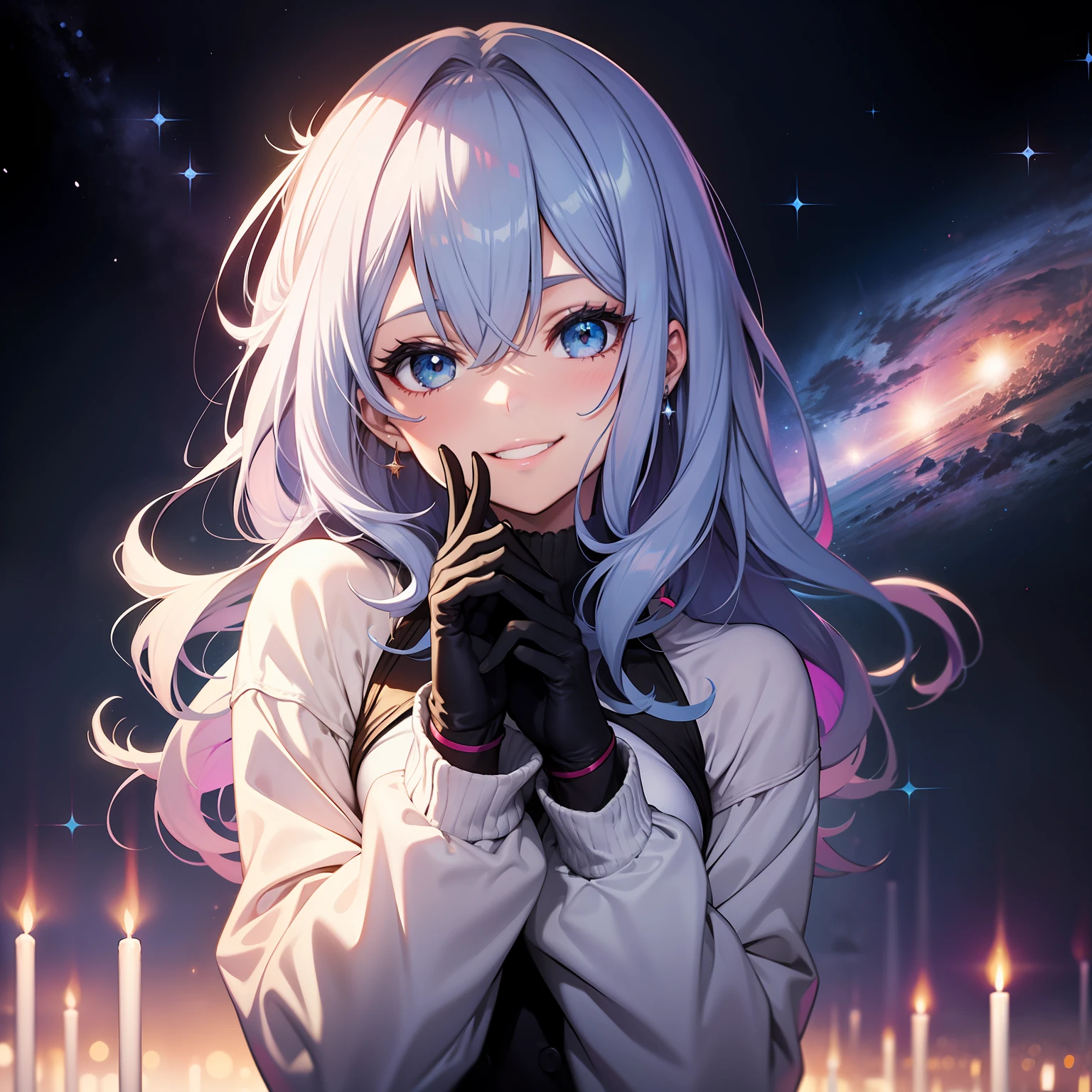 A girl with stardust for hair holding out her hand with a sweet smile