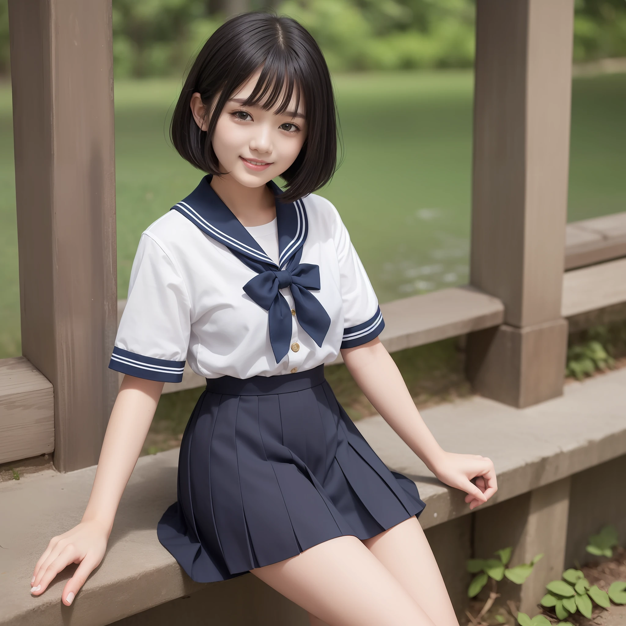With the best image quality、 girl standing outdoors。In high resolution、Beautiful fine details、tranquil atmosphere。(((Black hair bob hair)))、Cute smile。White short-sleeved sailor suit、Navy blue pleated skirt、Navy blue socks、Brown loafers
