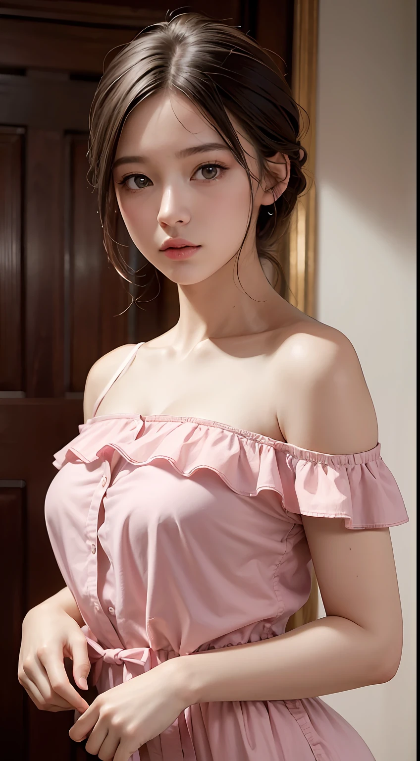 Best Quality, Masterpiece, Ultra High Resolution, (Realisticity: 1.4), Original Photo, 1girl, Pink Off-the-Shoulder, Cinematic Lighting