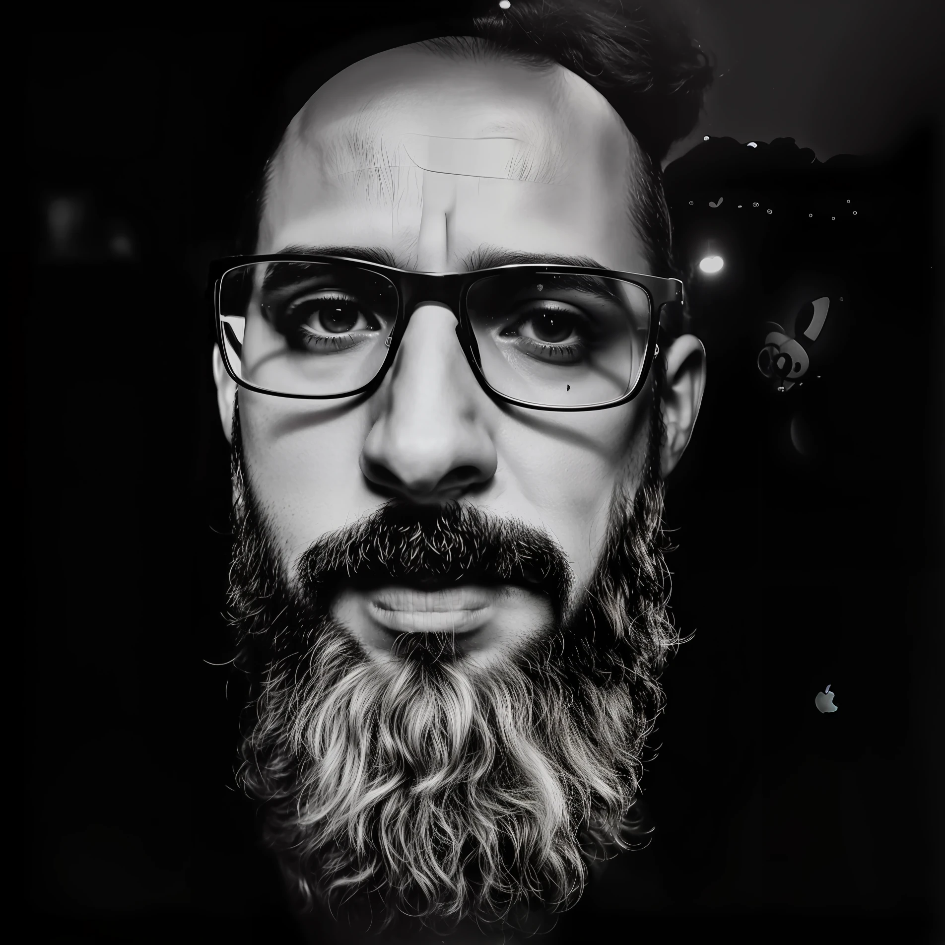 Man in glasses, barba e flor no cabelo, Retrato de Chiaroscuro, Retrato tirado 8 K, retrato corajoso, Nicolas Delort, foto retrato, stable diffusion self portrait, man with glasses, retrato de alta qualidade, retrato da fotografia, Tiro no iPhone 1 3 Pro, retrato editorial, foto retrato, Tiro com iPhone 1 0