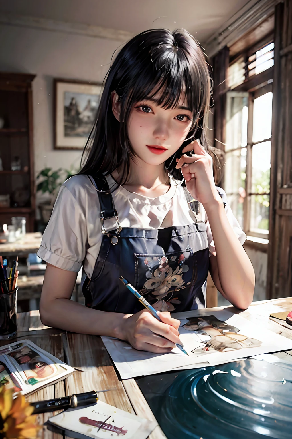 There was a woman sitting at a table with a pencil, Realistic cute girl painting, loish and ross tran, korean artist, japanese illustrator, chinese artist, artist wearing overalls, loish art style, japanese anime artist drawn, female emo art student, Realistic painting, Art student, in her art room, hair between eye, , Moles under eyes,Smug, Cinematic lighting, hyper HD, Super detail, High details, High quality, Textured skin