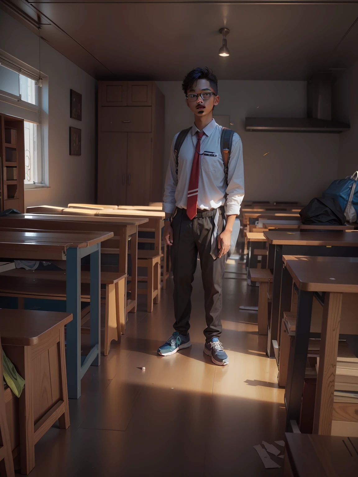 A college student and realistic view. Colour background and 8k resulation