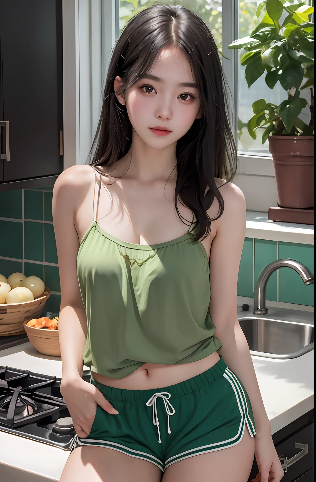 1girl, cute, 18 years old, seductive expression, look at viewer, white spaghetti strap top, green short pants, photo, realistic, best quality, hires, detailed face,detailed background, diffused lighting, depth of field, bokeh, black hair, in kitchen