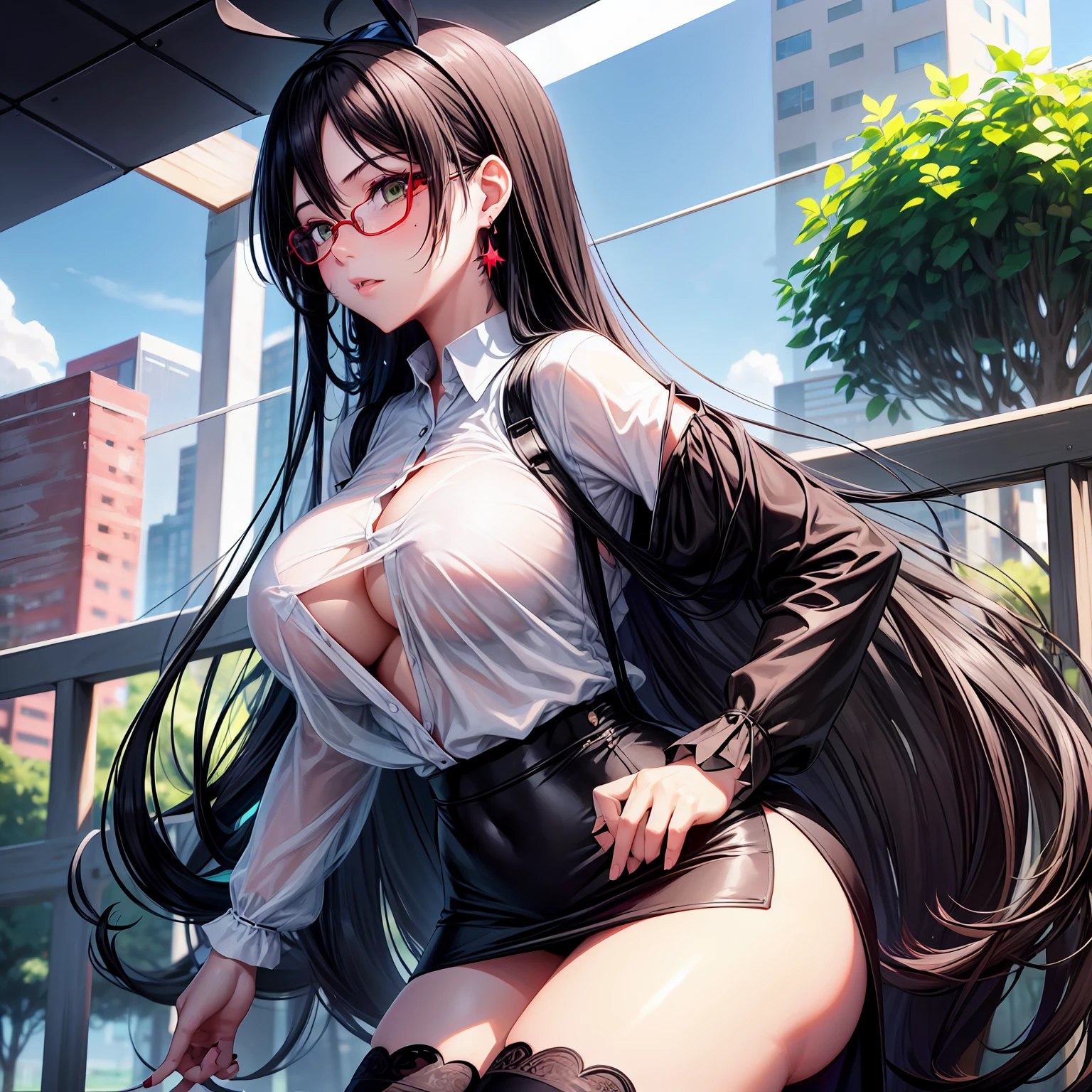 1 girl, long hair, black hair, sexy hip-length black hair that has bangs hanging on the right side with two ahoges, green eyes, mole under left eye, red round glasses, one earring on left ear, large breast, sleevess shirt, black pencil skirt, pair black stocking, outdoor, perfect finger shape, the number of fingers is not excessive
