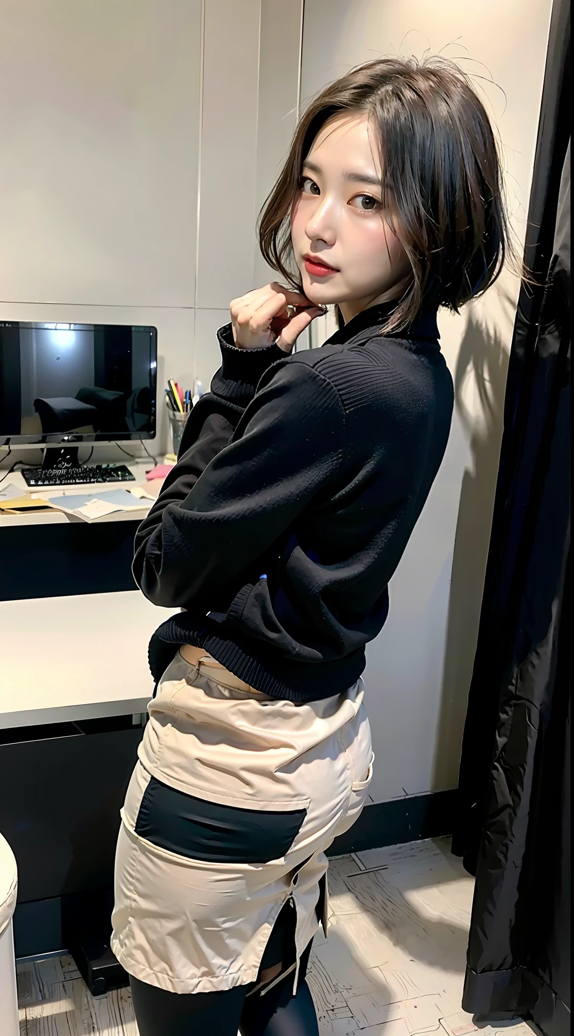 （best qualtiy，8K，32K，tmasterpiece，hyper HD：1.2），1girll，beautiful  japanese woman，a narrow waist，In black suit，Open jacket，office  lady，Business suit，Skirt that wraps hips，from back，office room，Office desk，（Cocked buttocks：1.2），详细的脸，short detailed hair，