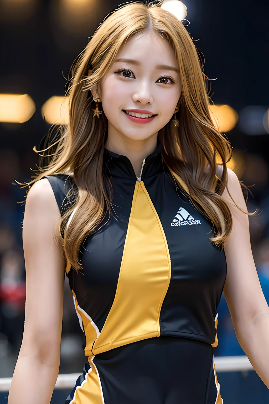 Best quality, masterpiece, ultra high res, (photorealistic: 1.4), highly detailed, professional lighting smile, Stick out the tip of the tongue. Golden-haired black woman playing volleyball, in stadium, tight suit