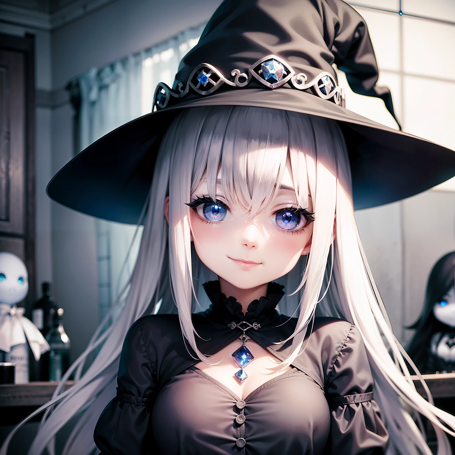 horor、Beautiful witch with gray hair and blue eyes、kawaii、terrifying、Dubious experiments、Mixing table、Chemistry Experiments、Dangerous experiments、The birth of a dangerous creature、Beautiful girl smiles high、Ominous premonition